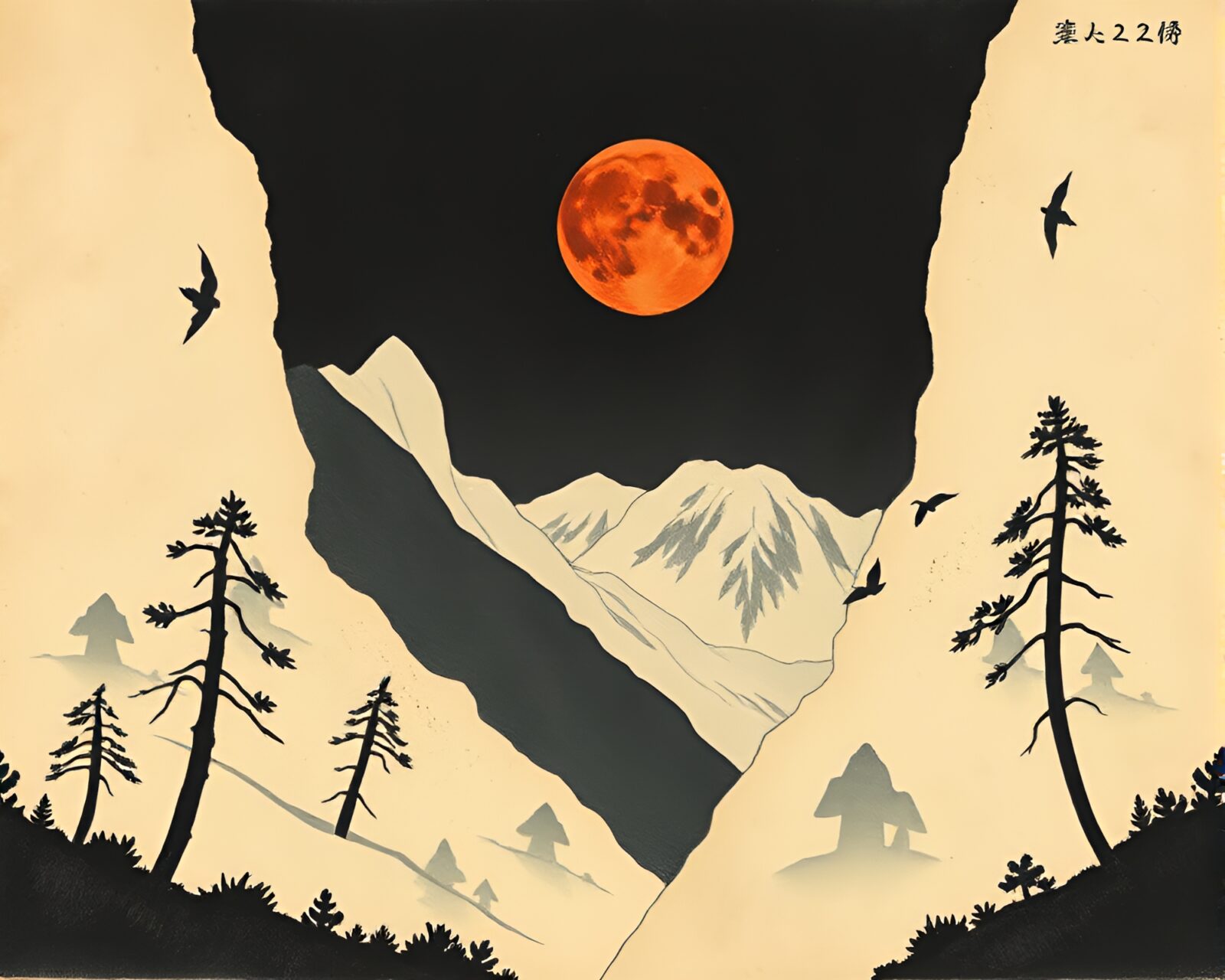Woodblock print inspired tempera painting of vast plateau