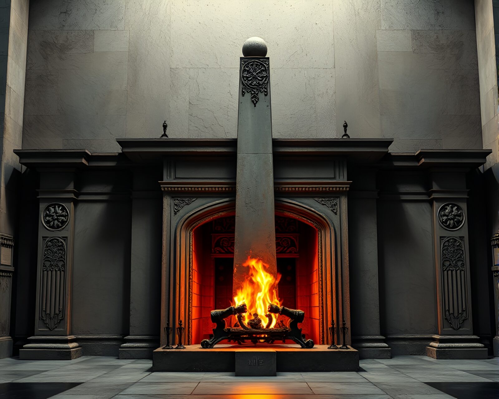 Detailed engraving on an obelisk bathed in warm firelight
