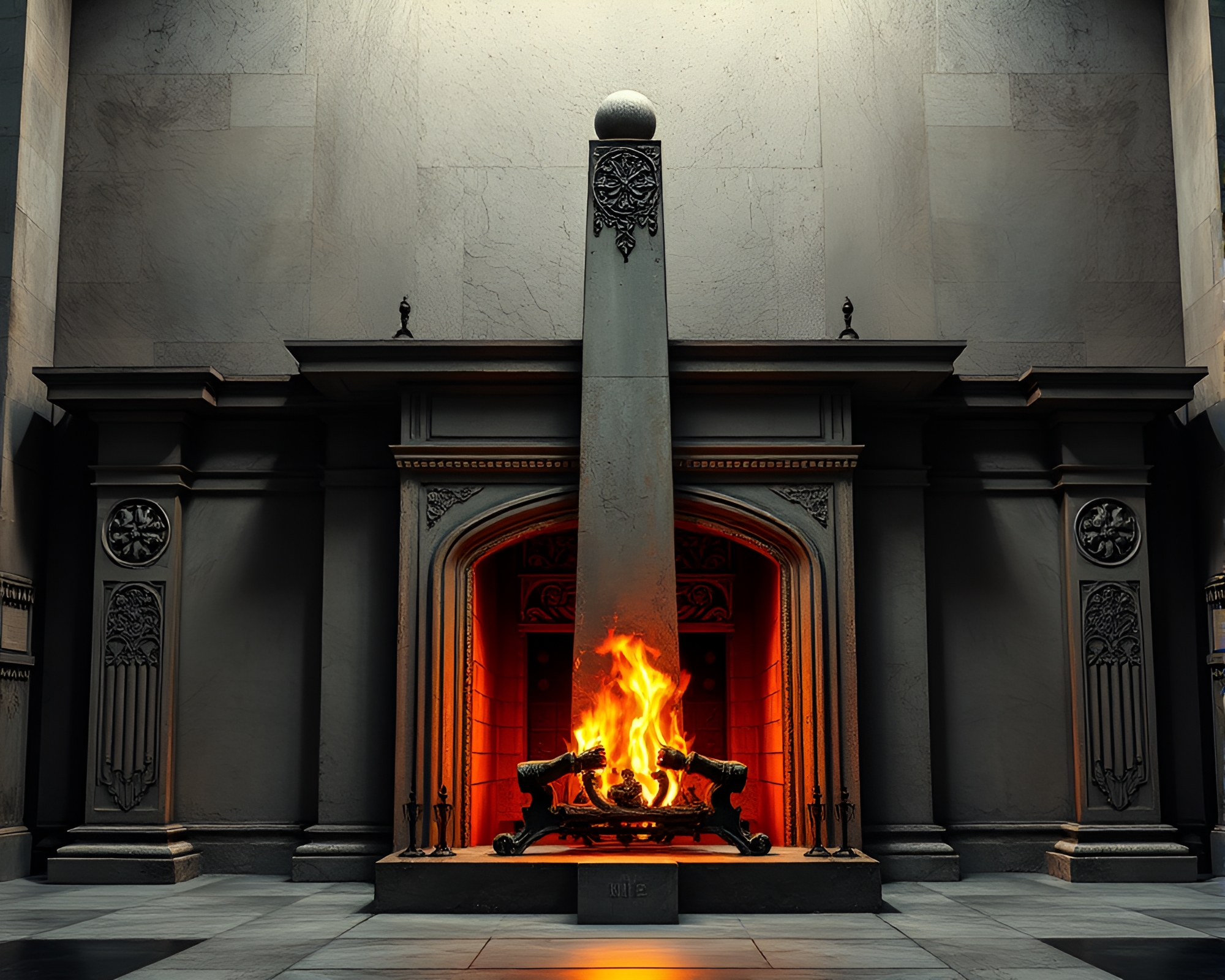 Engraved Obelisk Illuminated by Fireplace Glow – free AI stock image