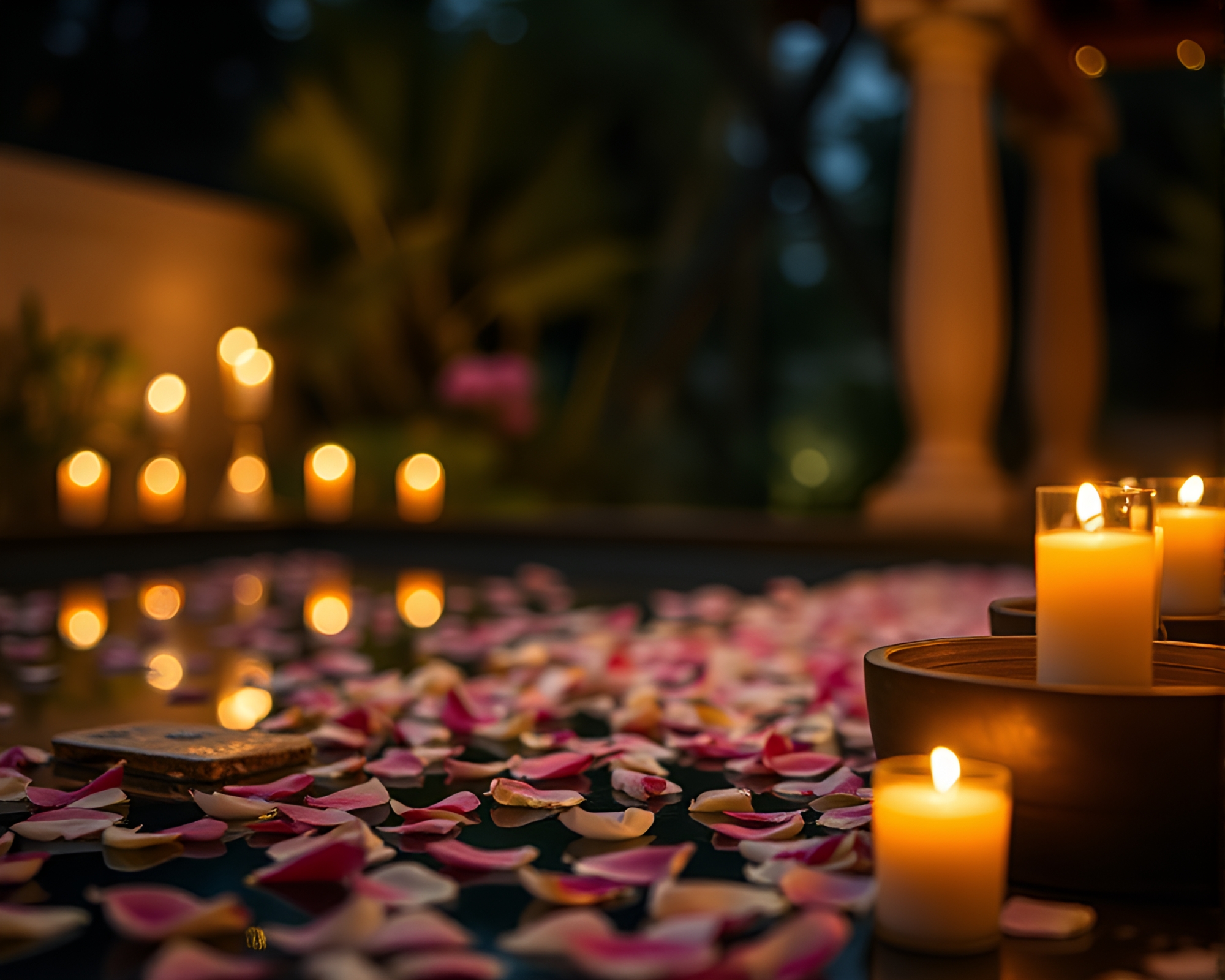 Oasis of Flower Petals: Candlelit Serenity – free AI stock image