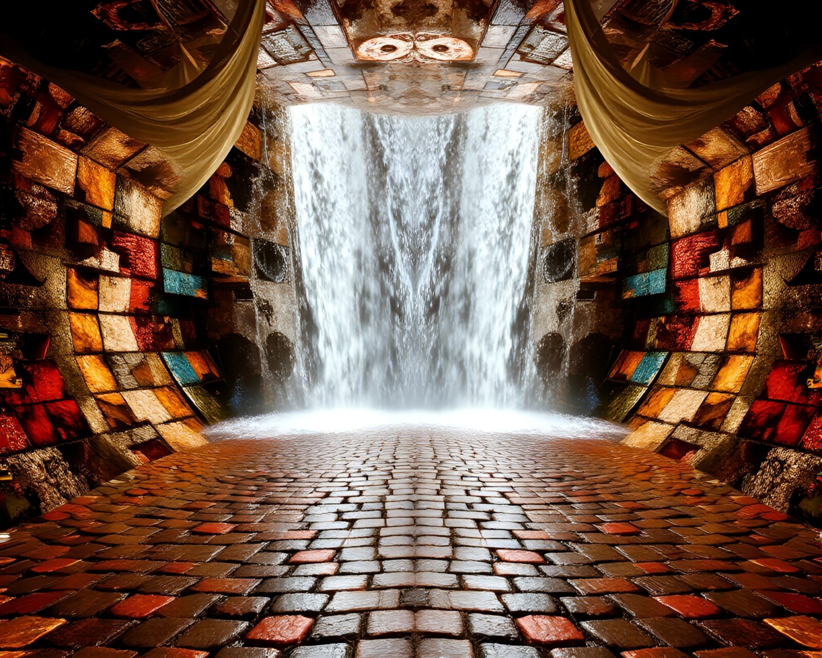 Kaleidoscope effect waterfall amidst cobblestone path with cloth-like texture