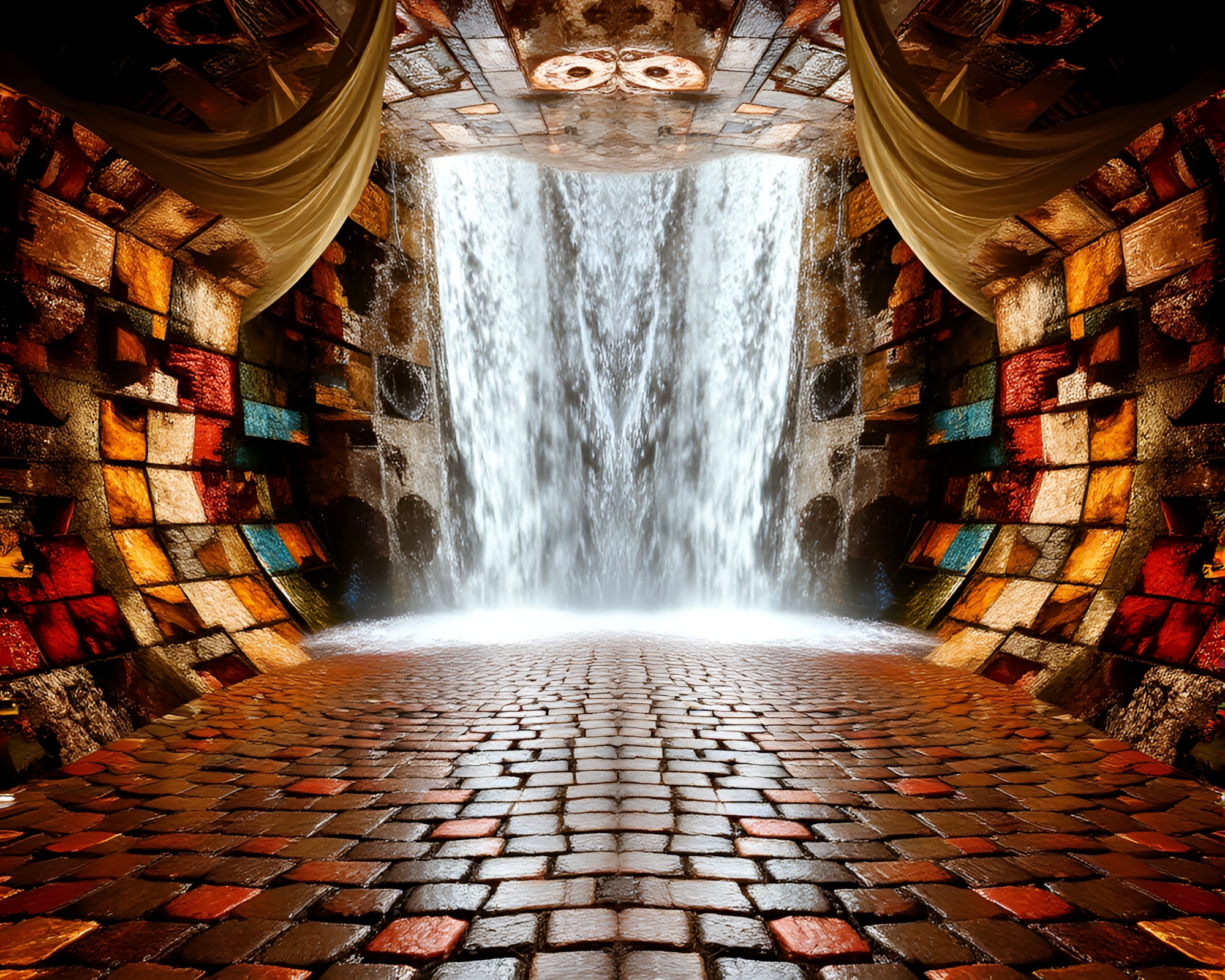 Enchanting Waterfall Scene with Cloth-like Mystique – free AI stock image