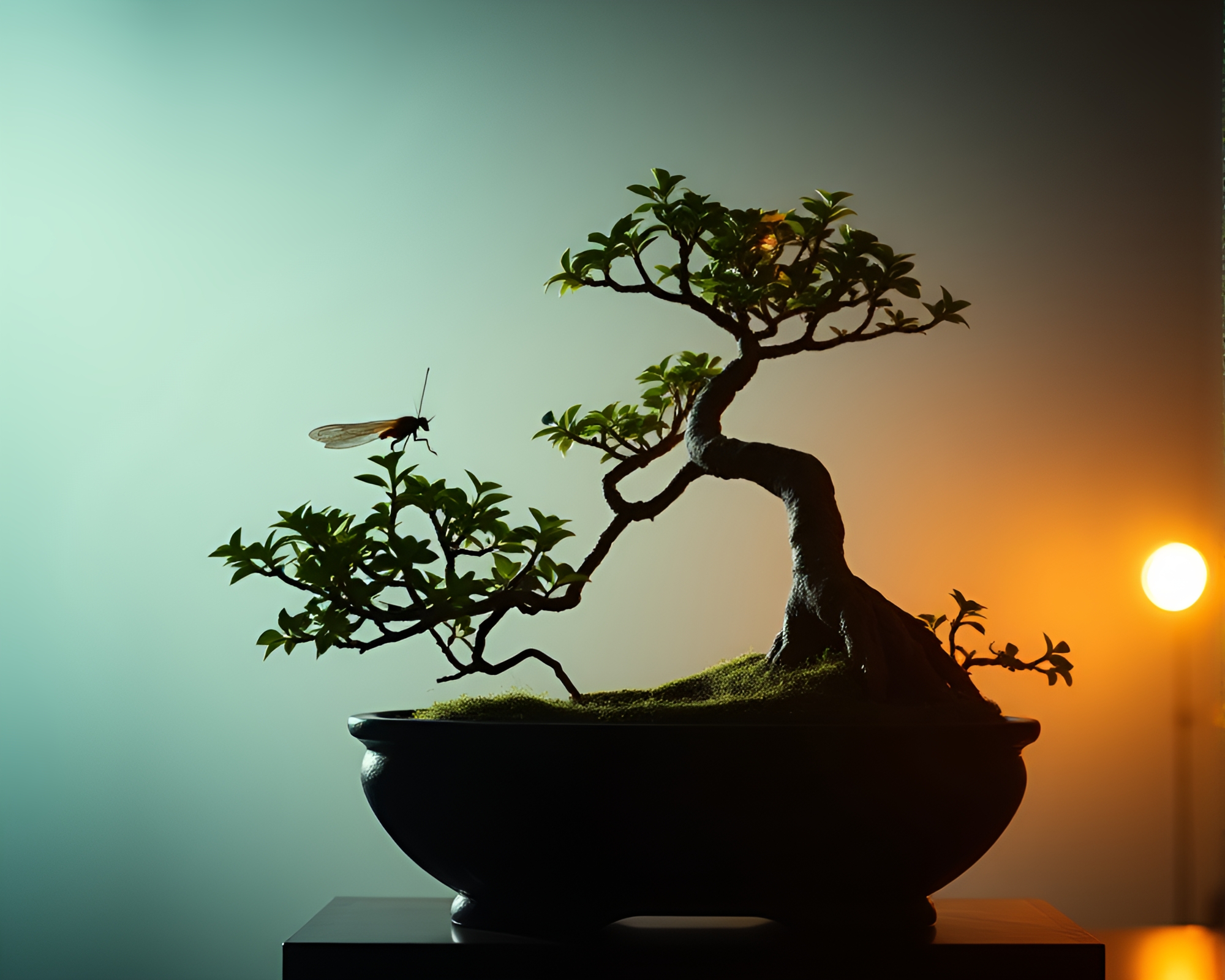 Bonsai Tree With Firefly Glow Grid Overlay – free AI stock image