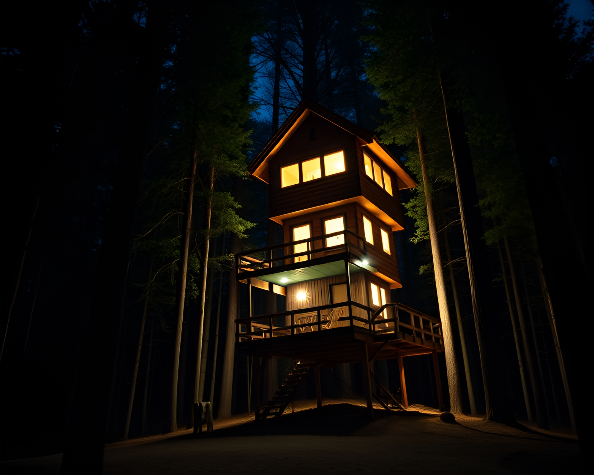 Enchanted Treehouse Bathed in 80s Torchlight – free AI stock image