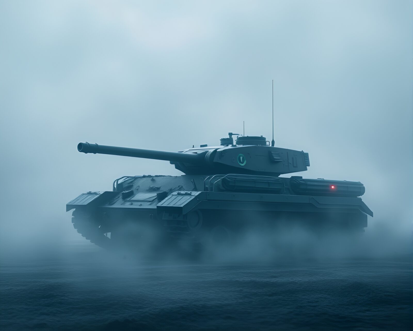A surreal armored tank surrounded by drifting fog