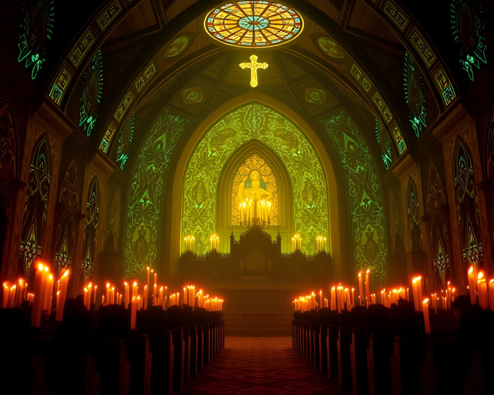 Submersible cathedral with intricate patterns illuminated by candlelight