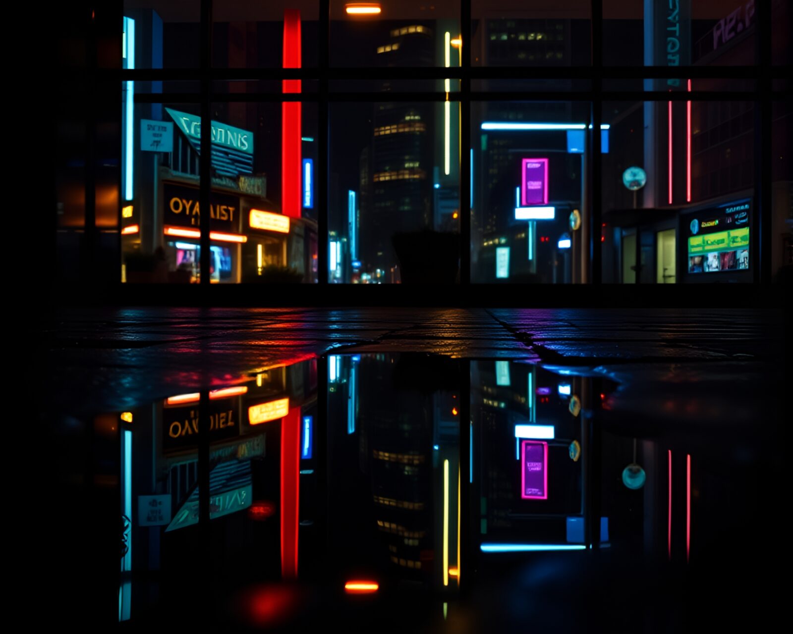 Puddle reflecting vibrant neon lights through stained-glass window
