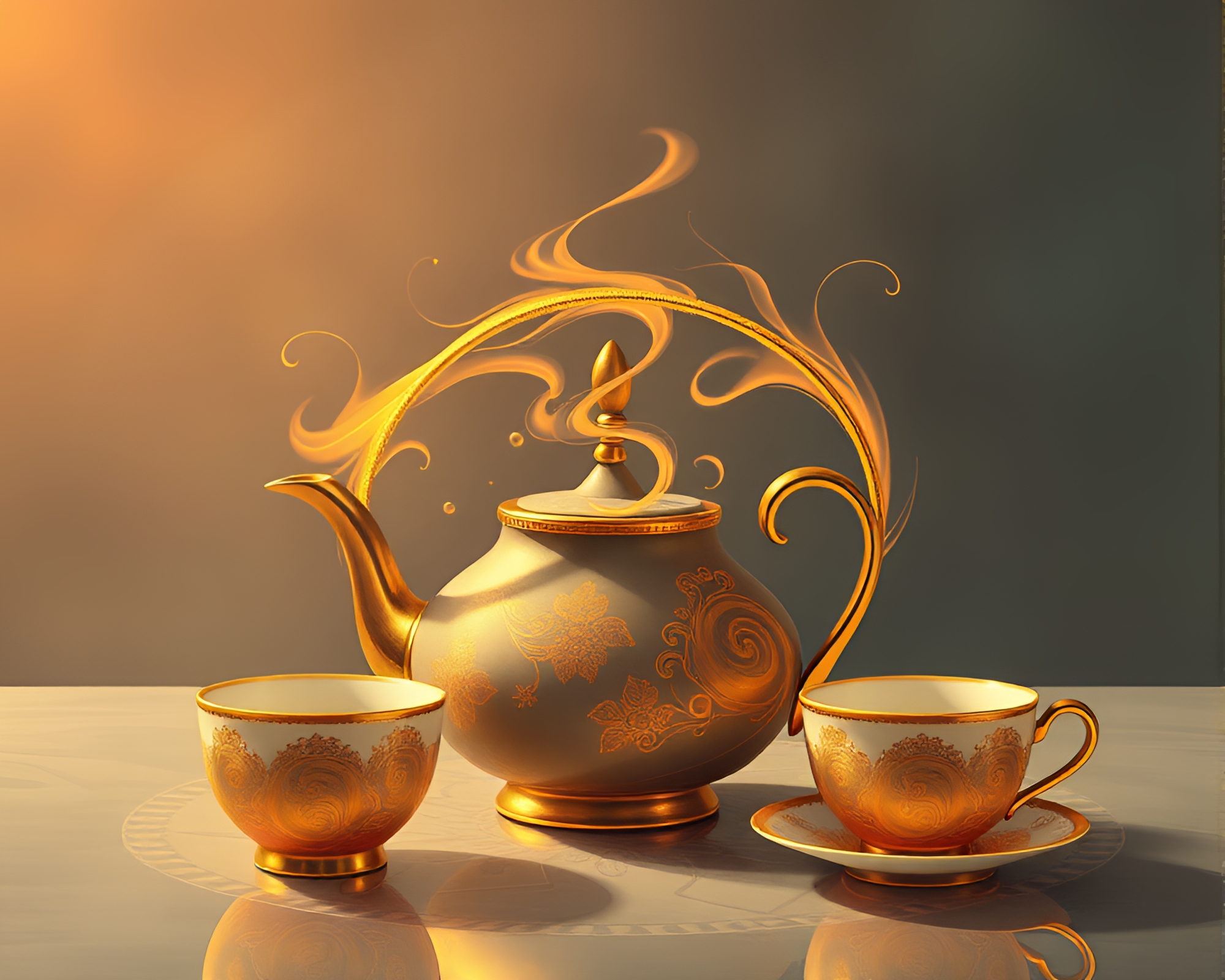 Majestic Golden Spiral Tea Set Digital Painting – free AI stock image
