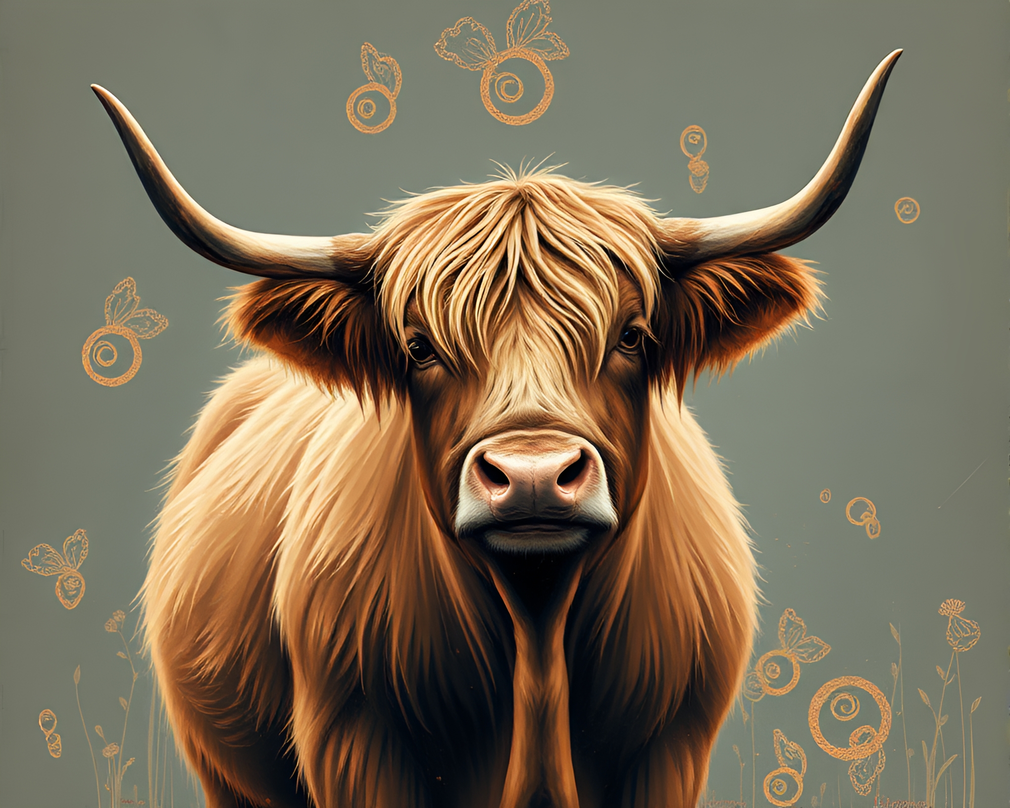 Highland Cow Digital Painting in Rose Gold Palette – free AI stock image