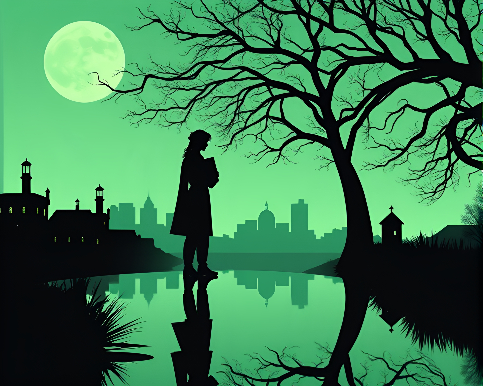 Reflection Silhouette: Edgar Allan Poe Mint Manga Art – free AI stock image