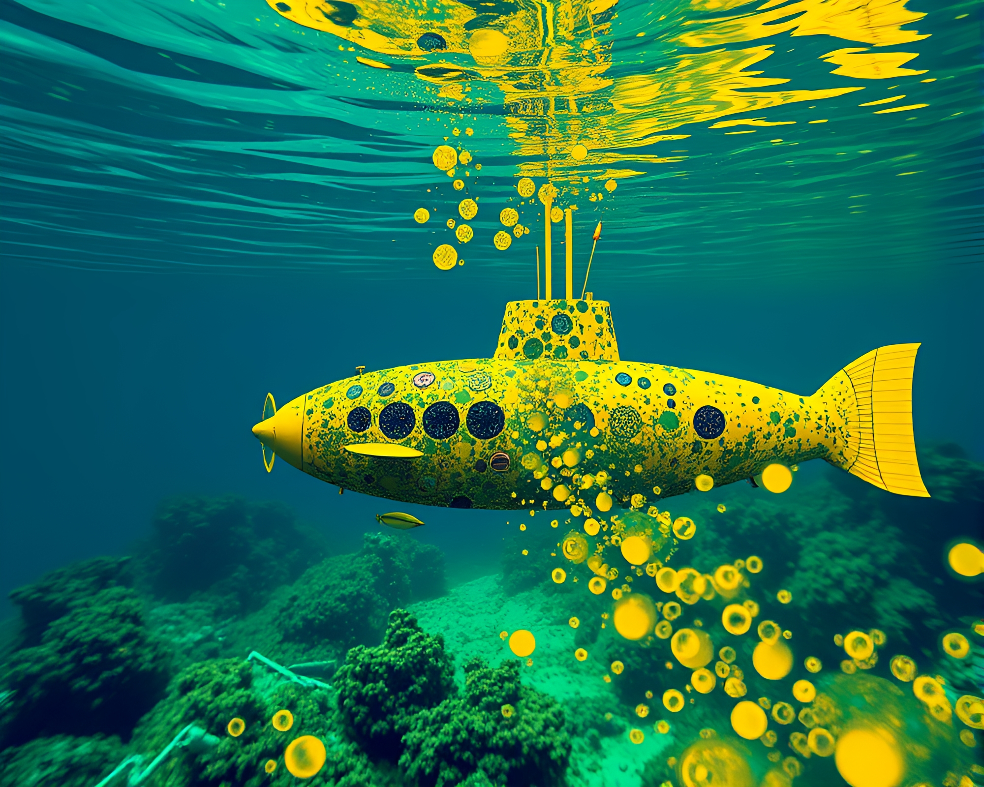 Fractal Submarine Exploration in Mustard Yellow Kinetic Art – free AI stock image