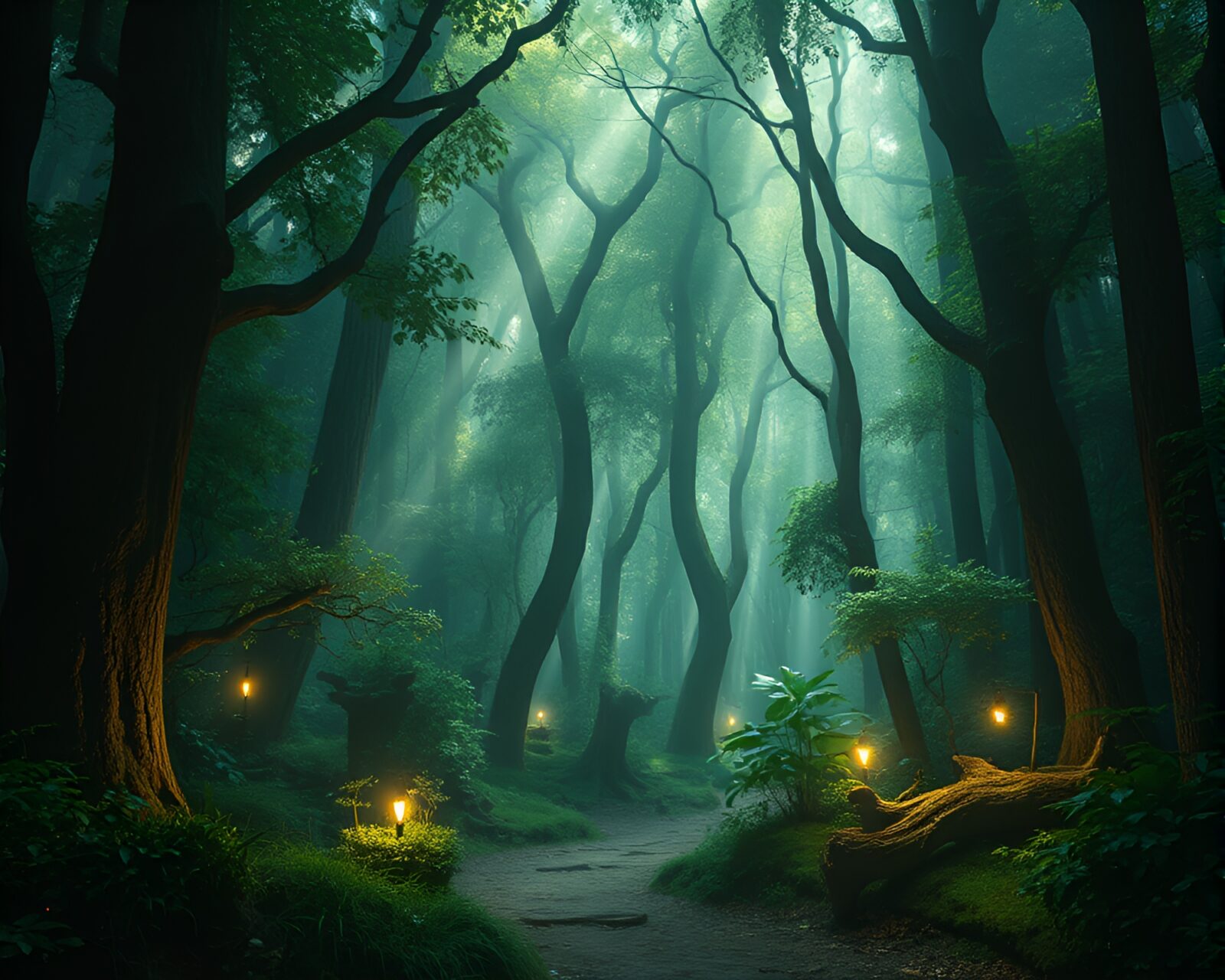 Mystical forest in blueprint style with magical lighting leaks