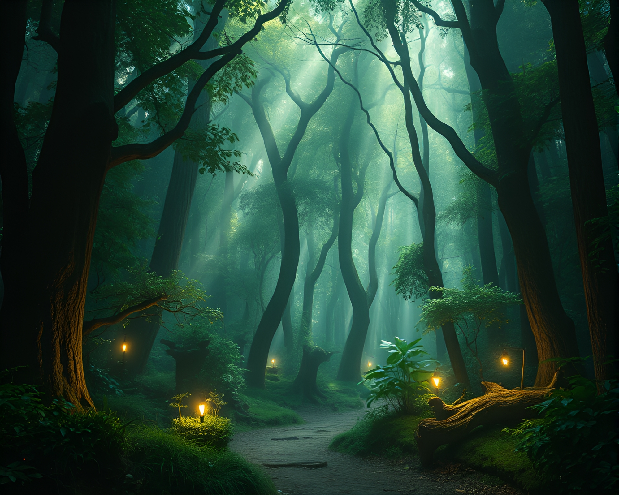 Enchanted Ancient Grove Blueprint with Light Leaks – free AI stock image