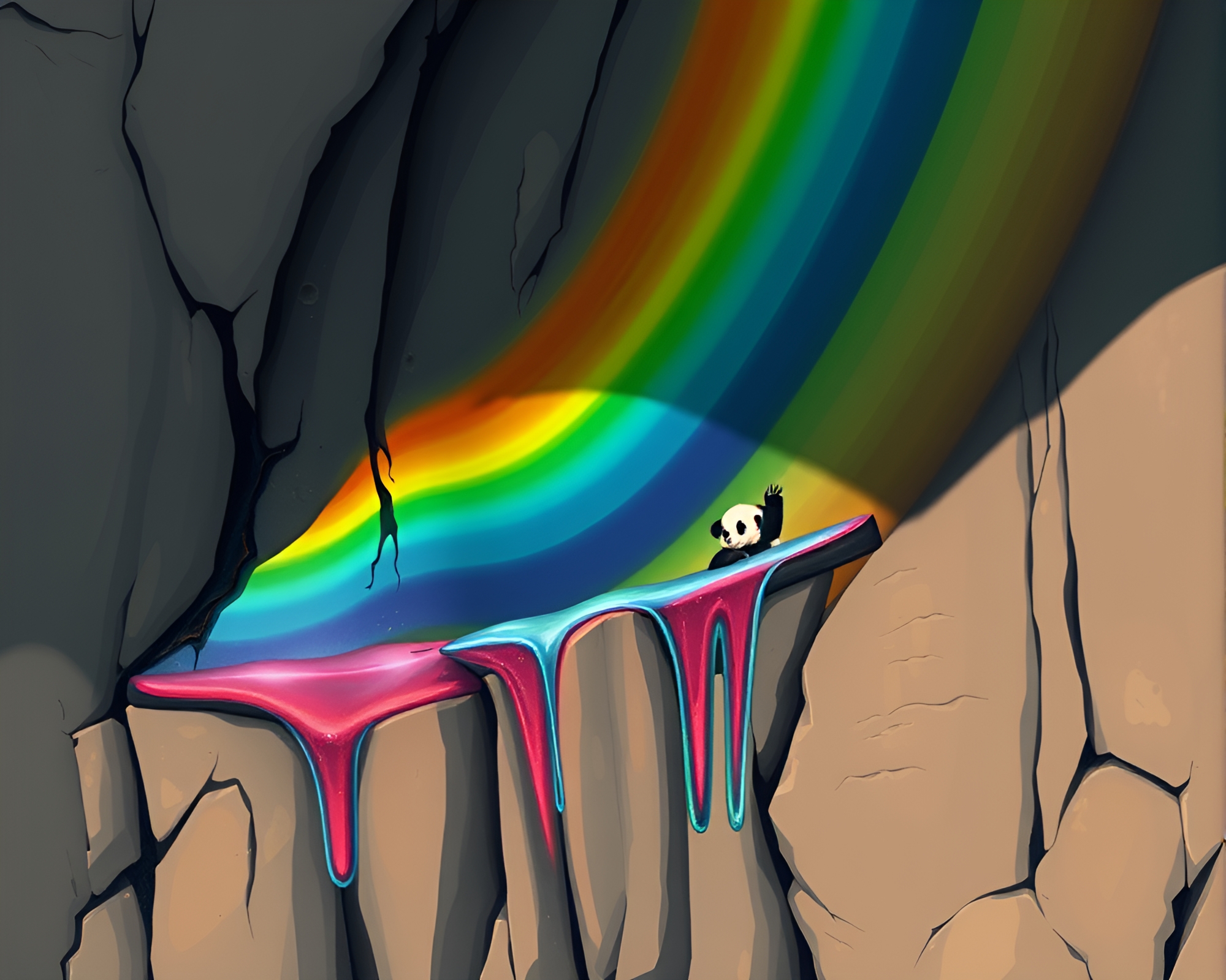 Vibrant Oil Slick Rainbow Panda on Cliffside Shadow – free AI stock image