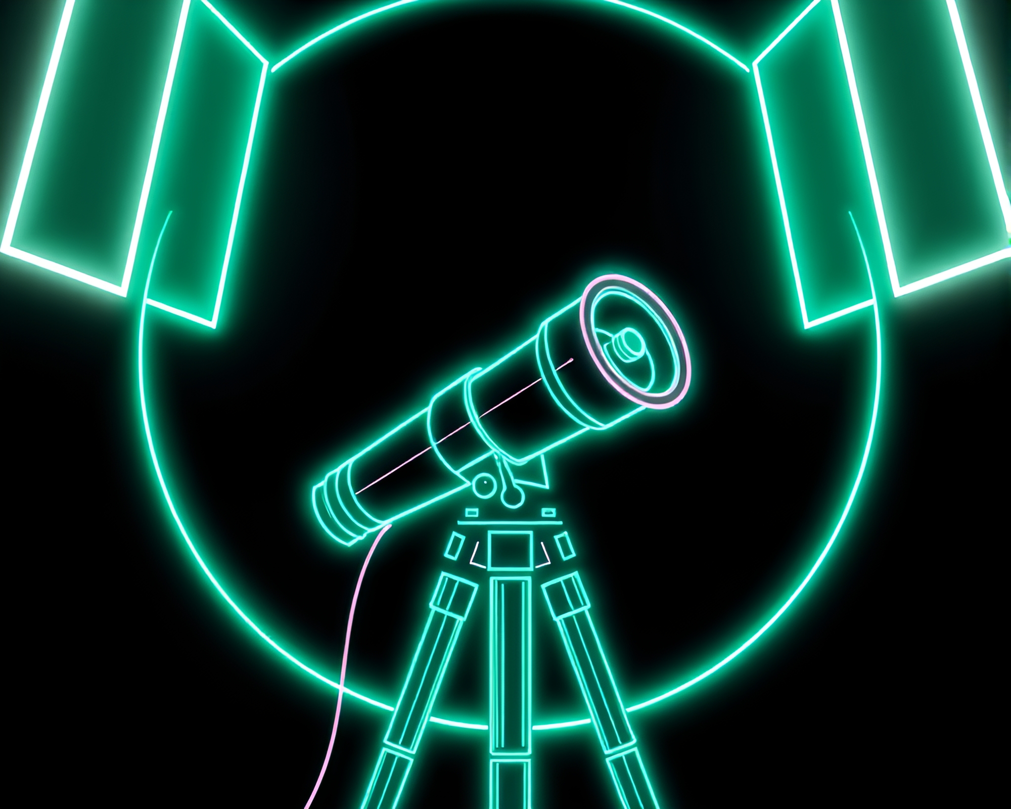 Mint Green Telescope in Pixel Art Neon Wireframe – free AI stock image