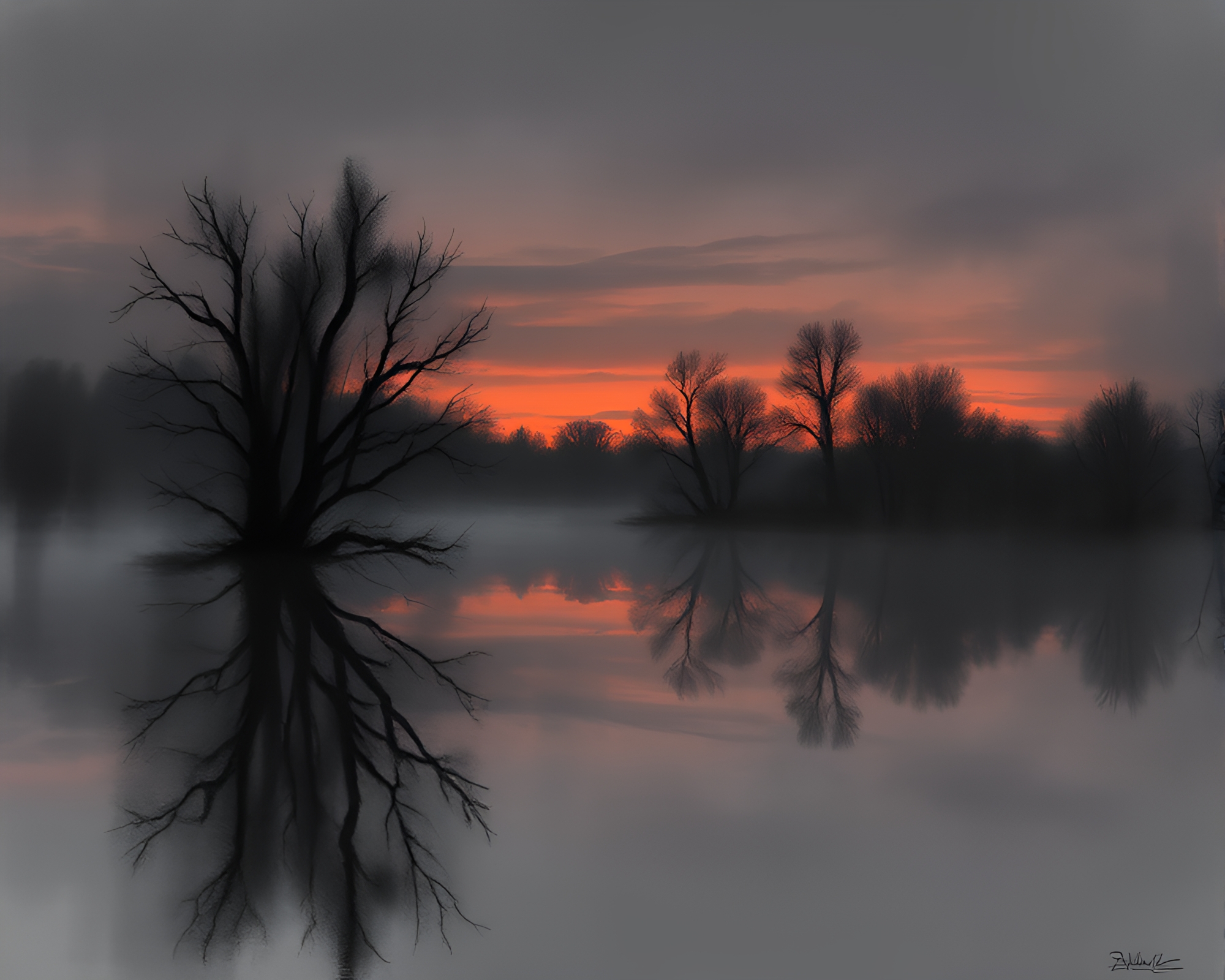 Charcoal Sketch Reflections at Dusk Twilight – free AI stock image