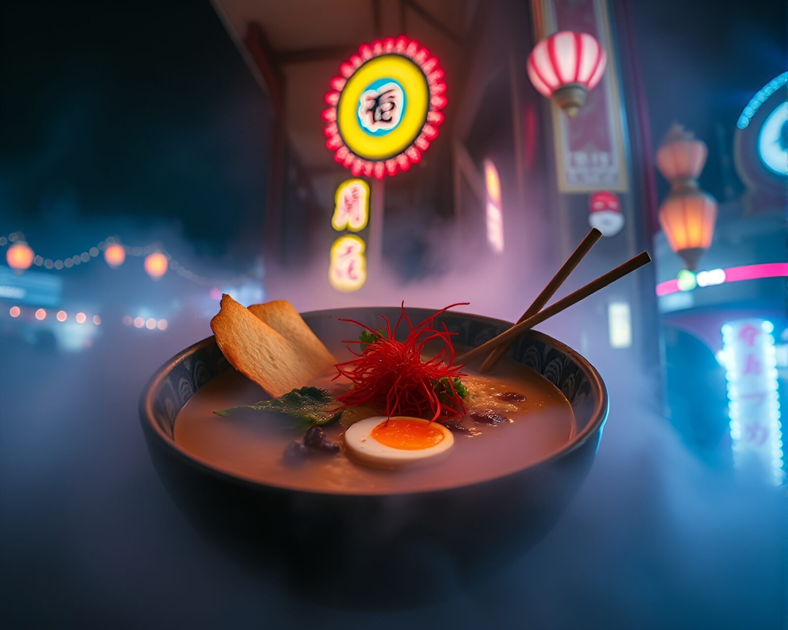 A fantastical scene of ramen bowl amidst carnival lights and fog