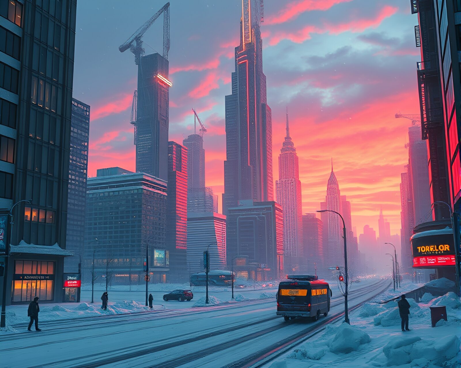 A medium shot of a futuristic city skyline at polar twilight with comic book style