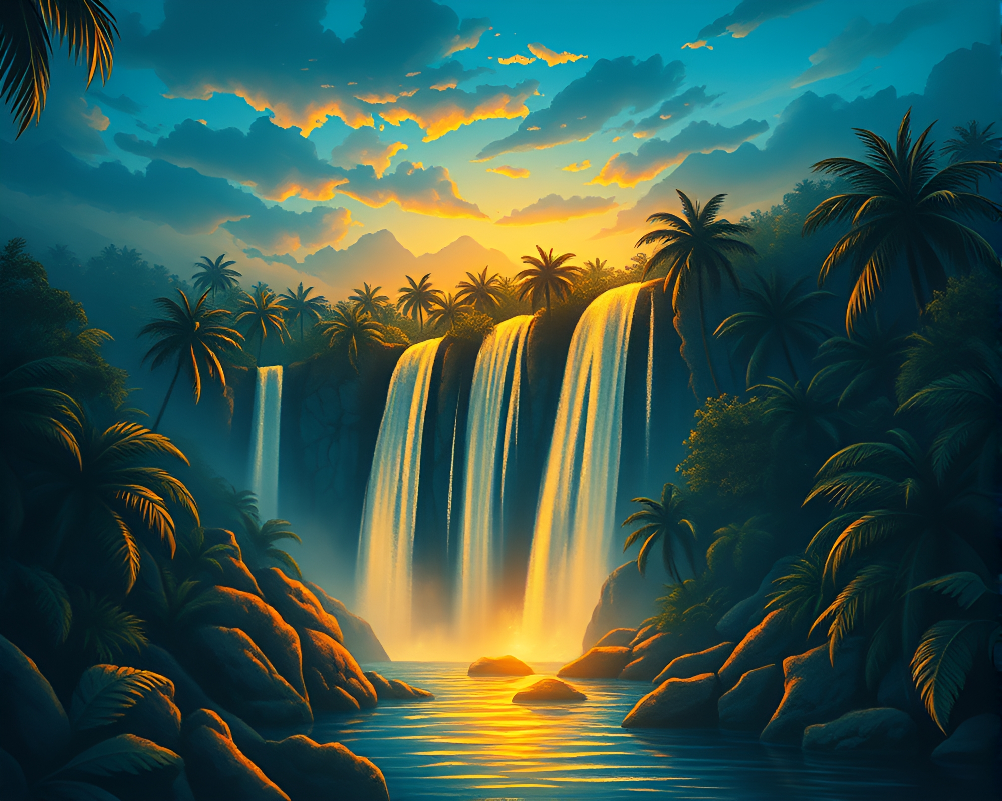 Twilight Waterfall with Gilded Tattoo Art Highlights – free AI stock image