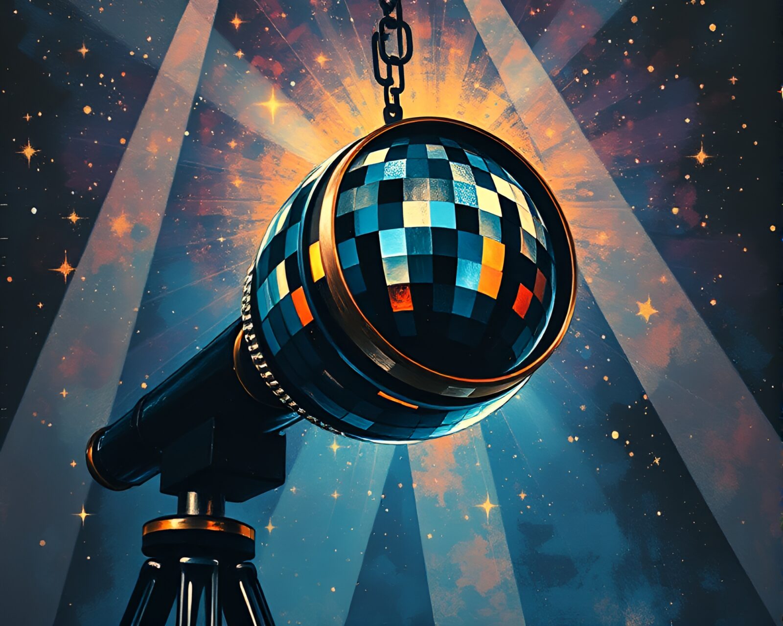 Intricate geometric patterns under vintage telescope light glow