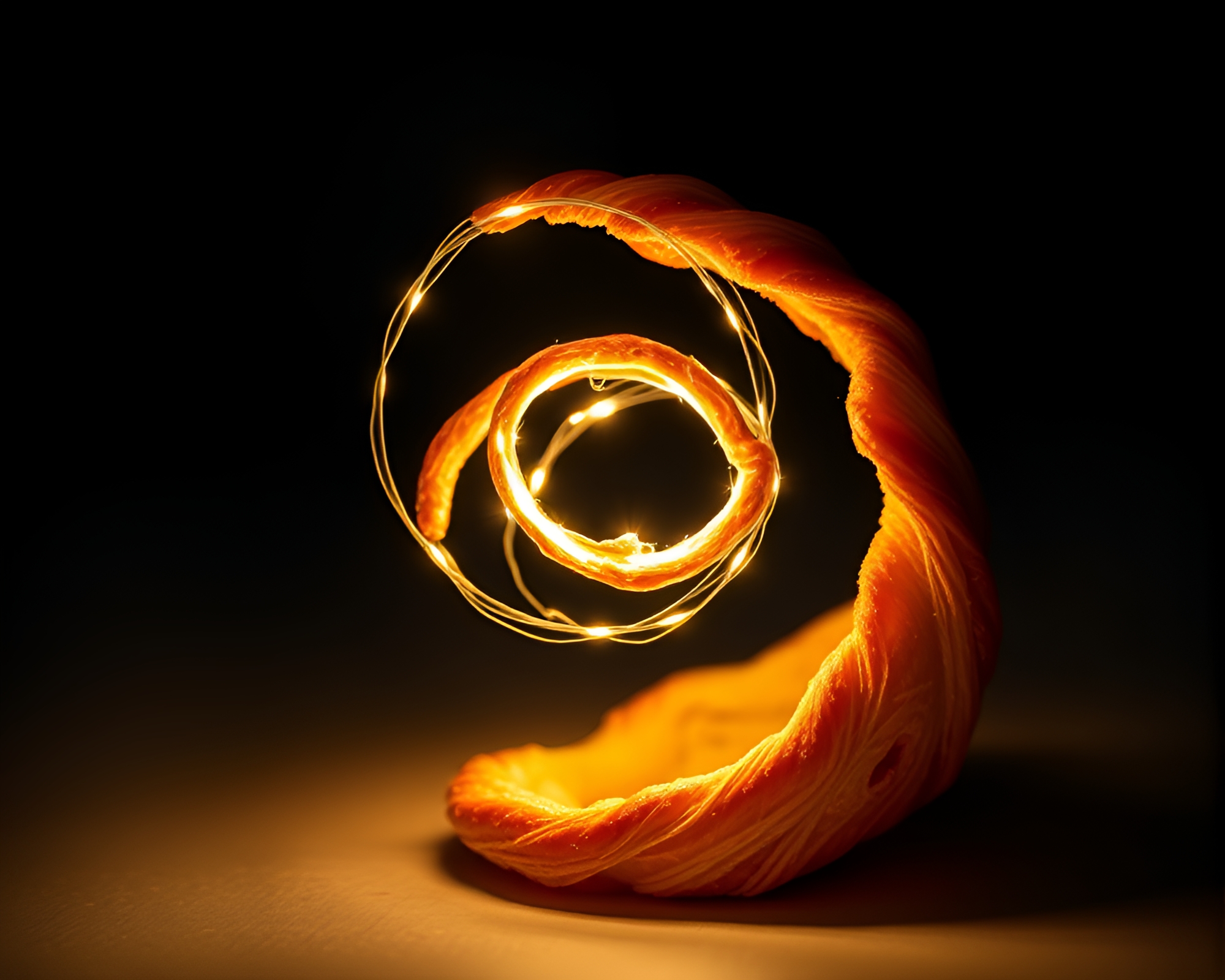 Sapphire Croissant Glowing Fibonacci Spiral Light Painting – free AI stock image