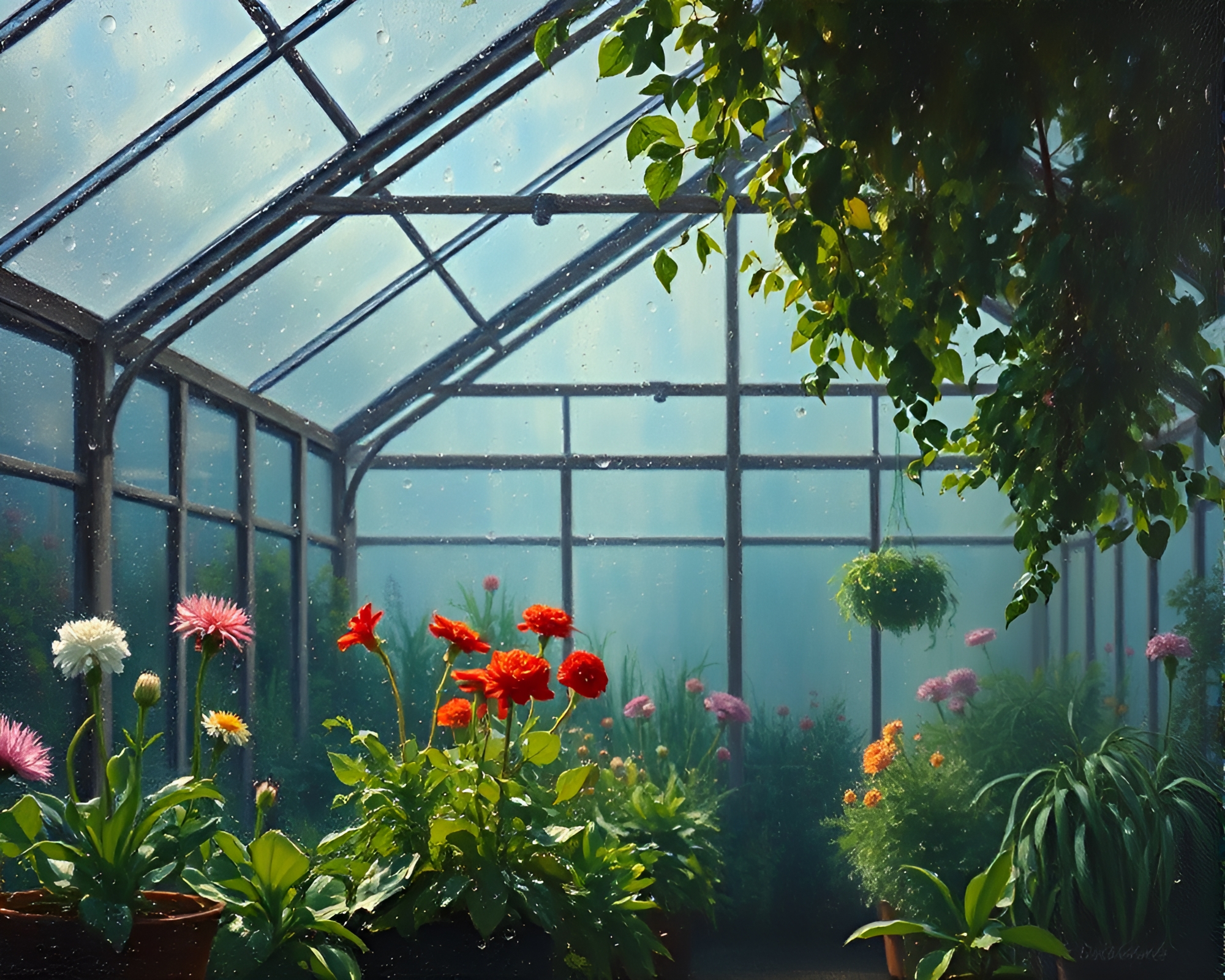 Dew Drops in Glass Greenhouse: Theatrical Oil Painting – free AI stock image