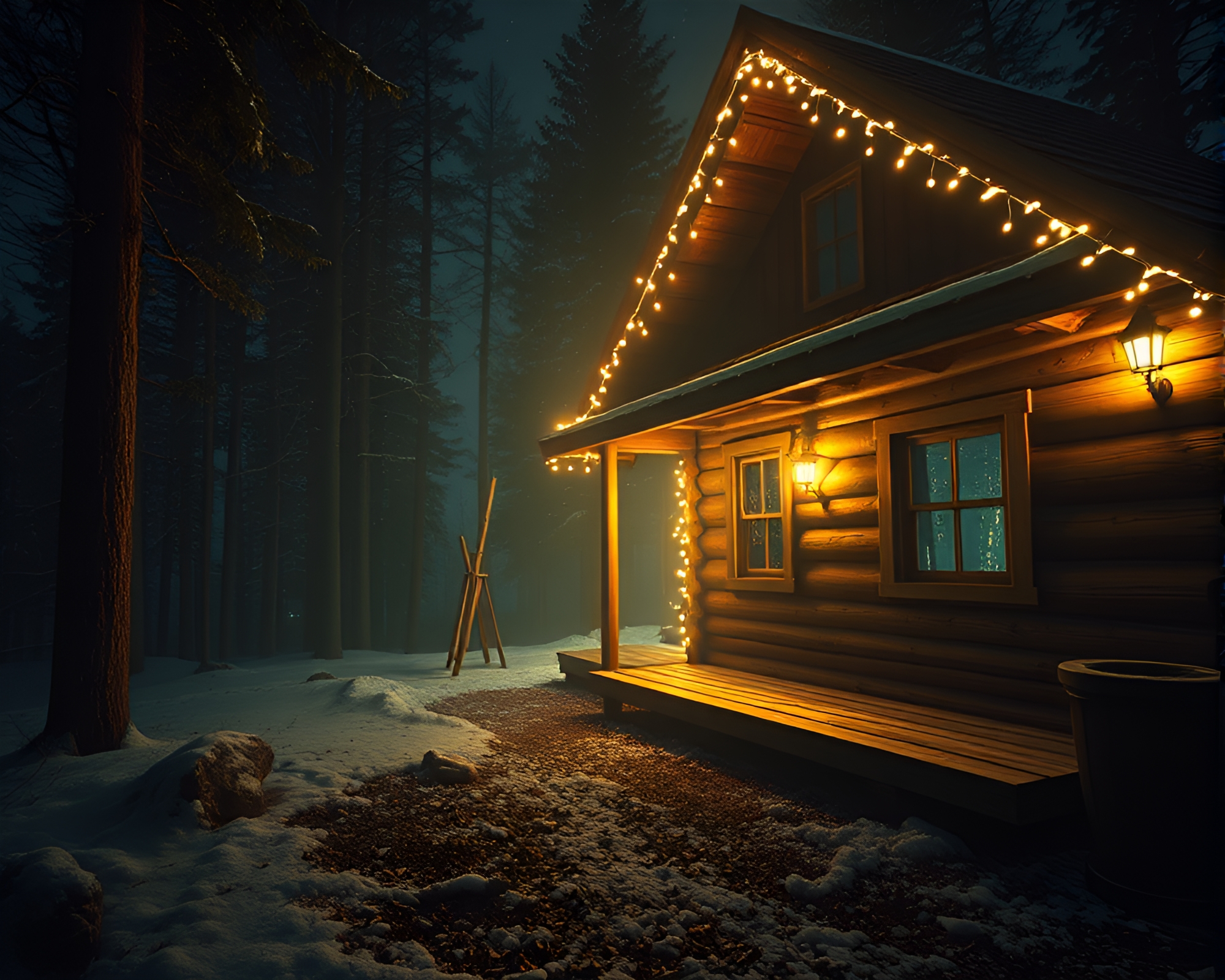 Rustic Cabin in Glitchy Dutch Angle Glow – free AI stock image