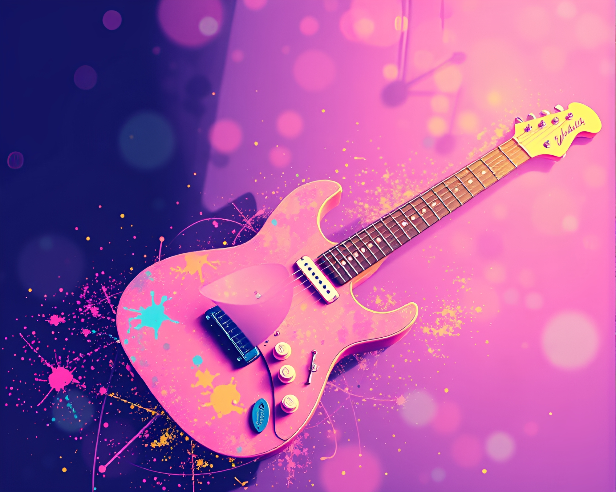 Vibrant Pixelated Guitar in Pastel Neon Color Splash – free AI stock image