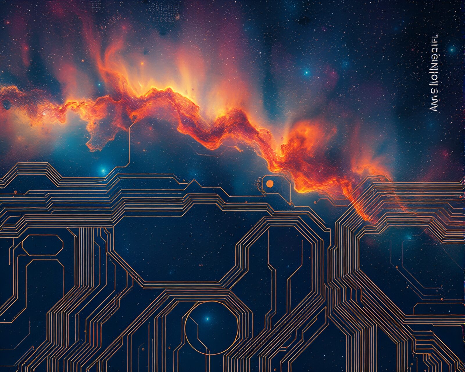Futuristic sea plane against cosmic nebula backdrop with circuit board traces