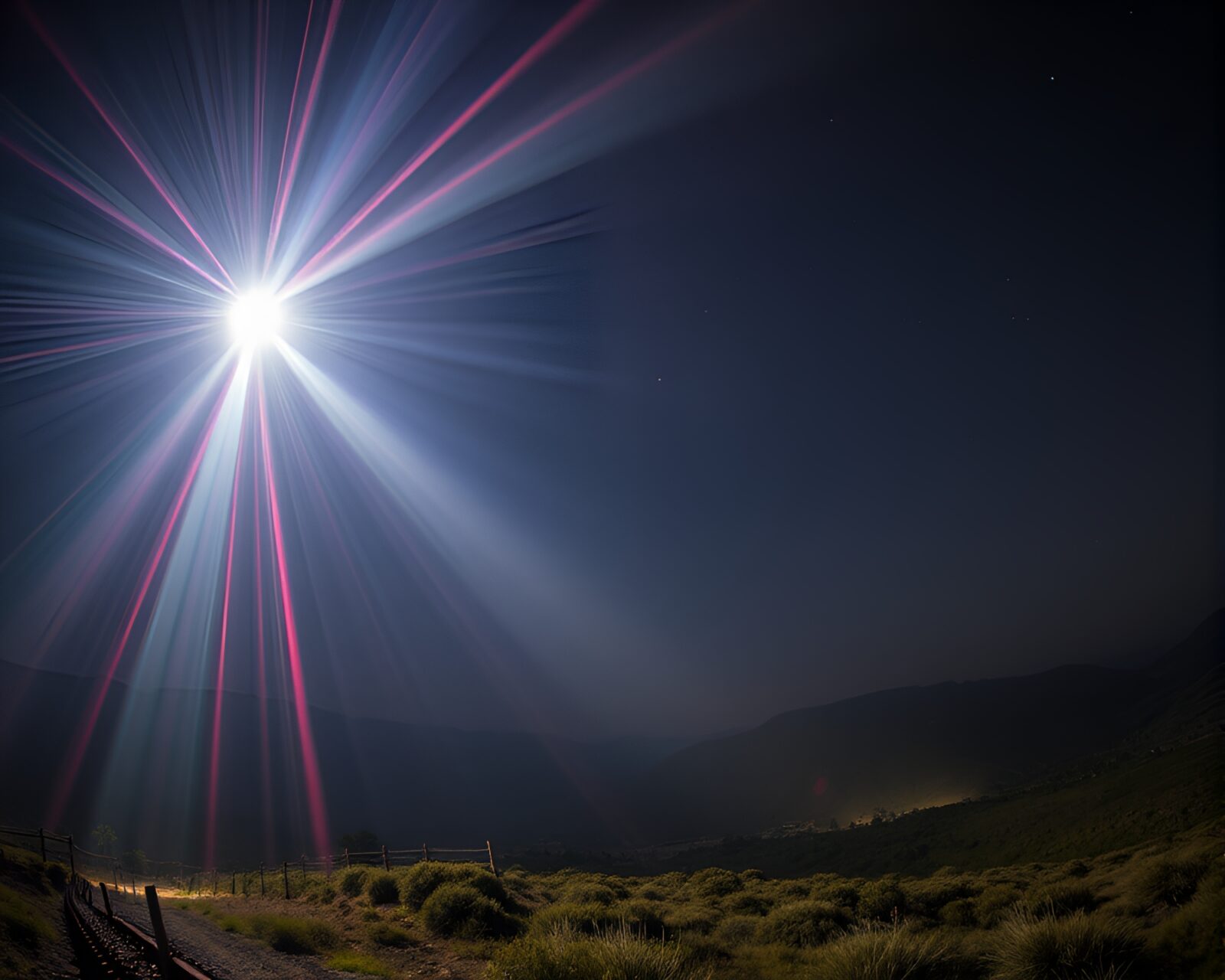 Wide-angle view of eerie laser beams shining in daylight