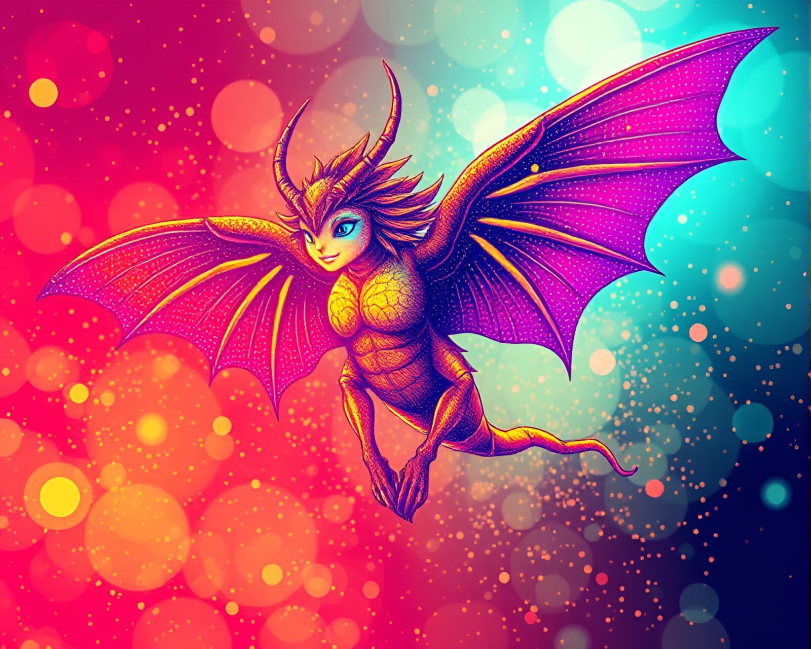 Digital painting of a nymph surrounded by glowing halftone trees