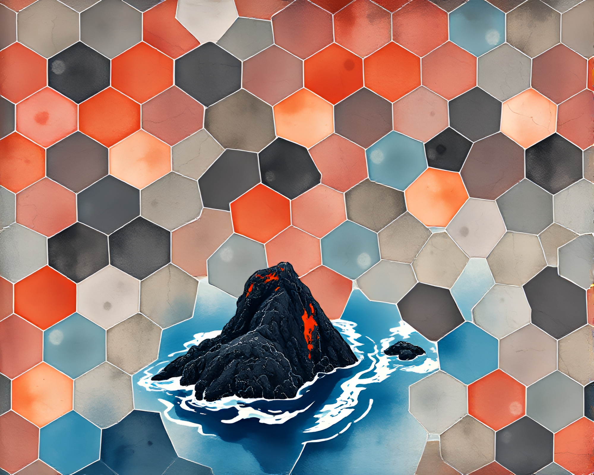 Volcanic Jewel: Hexagonal Tiling on Sumi-e Brushwork Island – free AI stock image