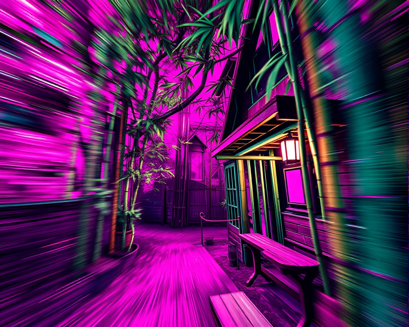Comic book style illustration of a bamboo hut with streaks of magenta motion blur