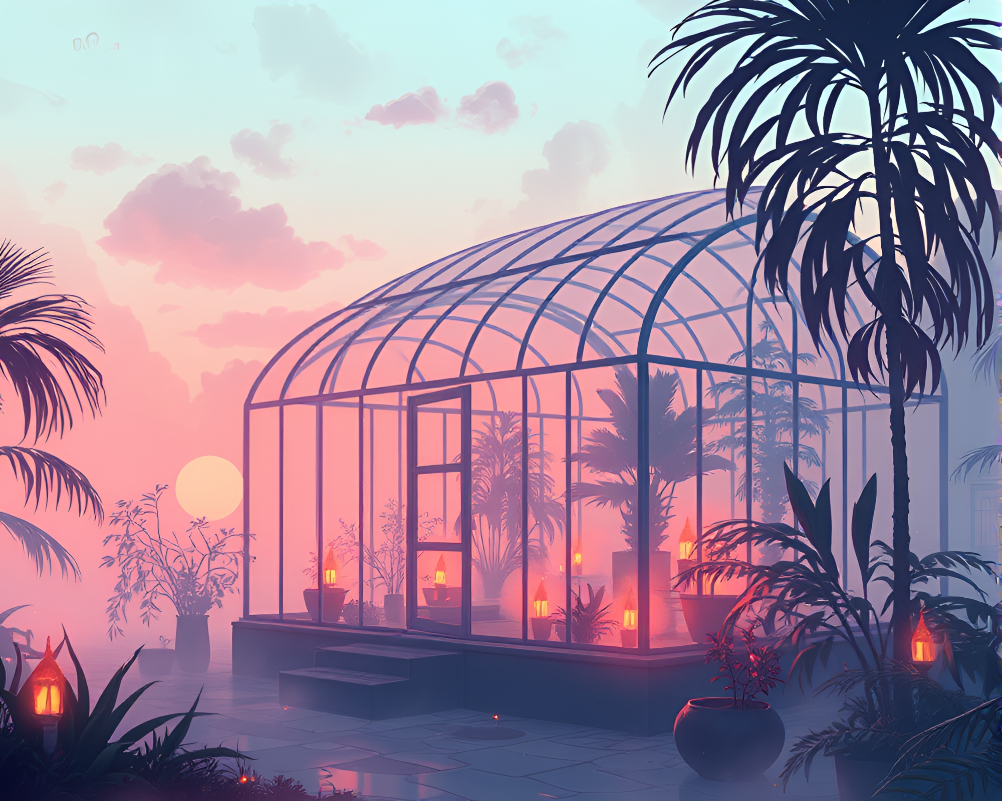 Cyberpunk Glass Greenhouse with Floating Embers – free AI stock image