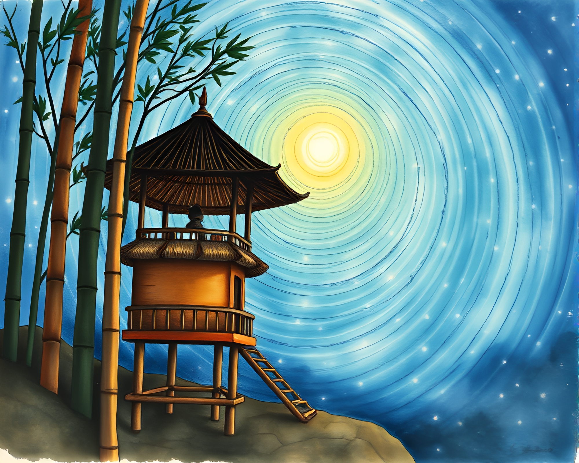 Bamboo Hut Under Starlit Sky Watercolor Painting – free AI stock image