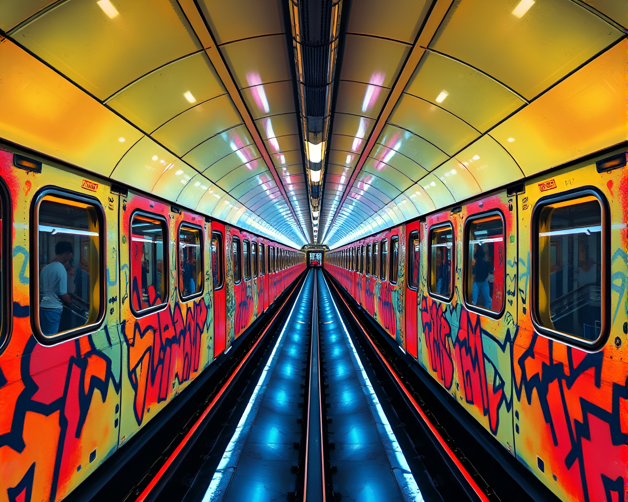 Futuristic Monorail Station with Neon Graffiti Art – free AI stock image