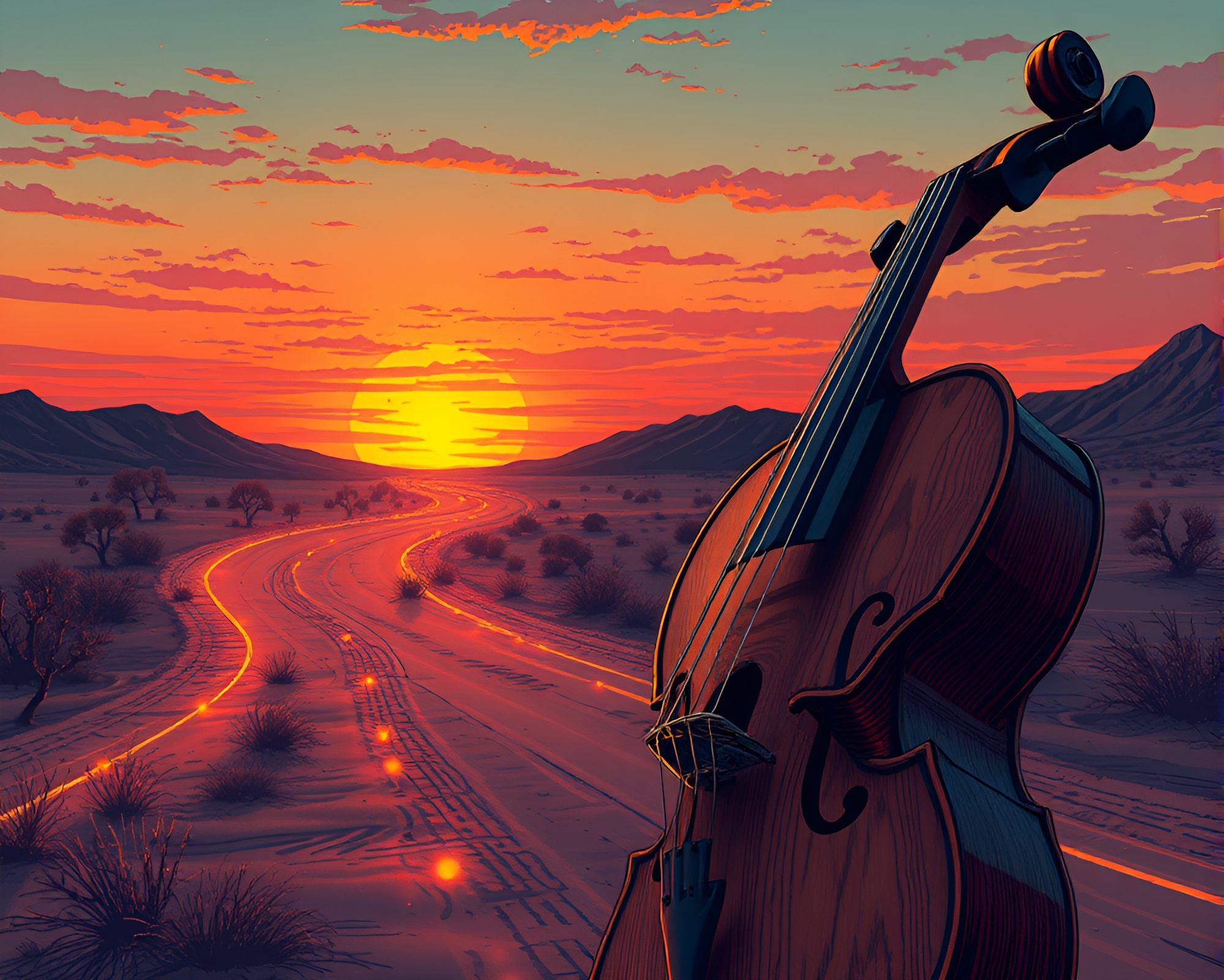 Steampunk Car Light Trails on Desert Violin Sunset – free AI stock image