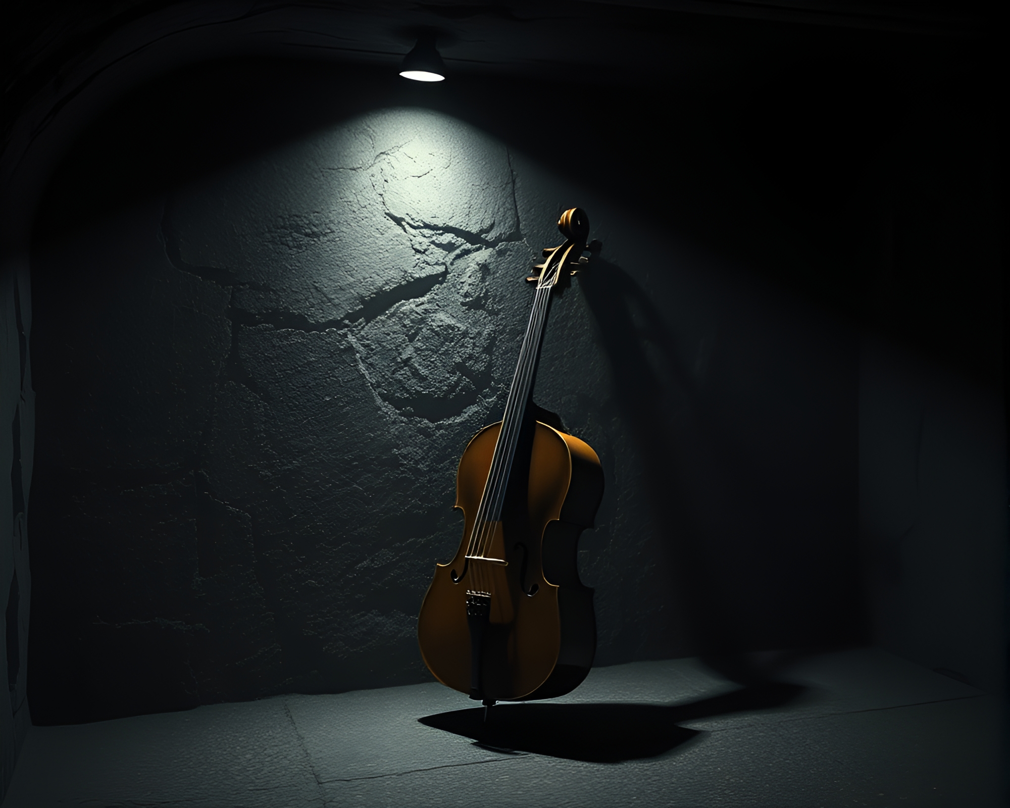 Stippled Cello in Dark Basement with 3D Scan – free AI stock image