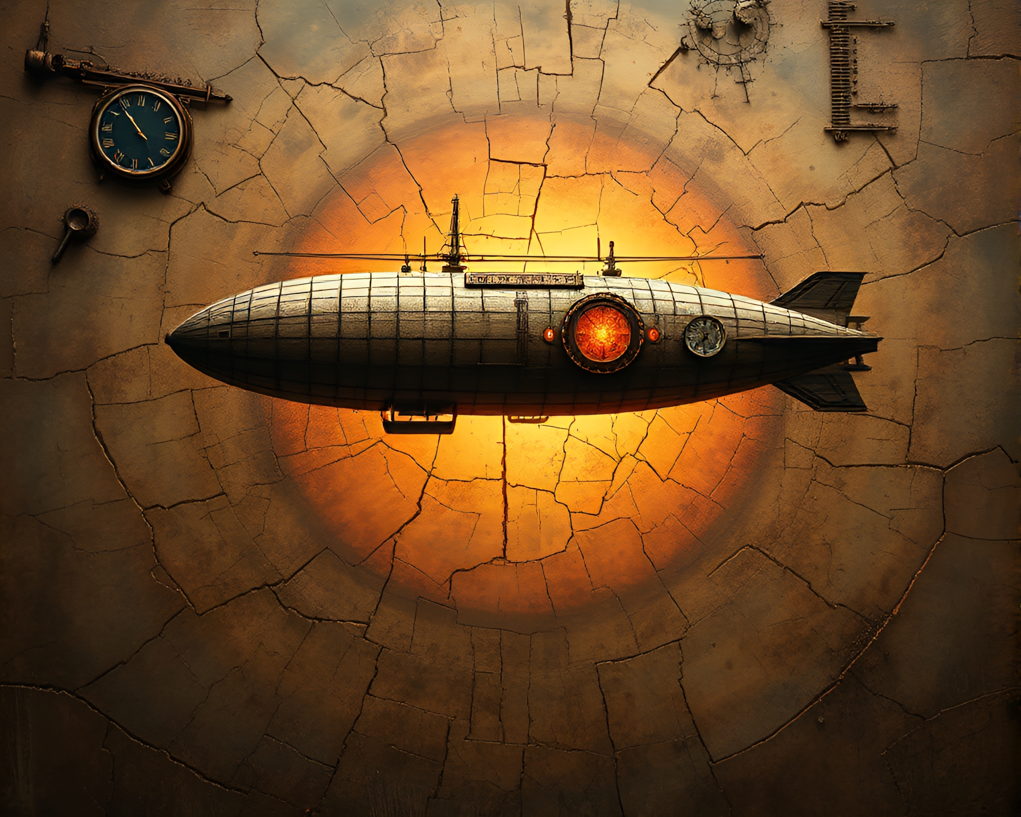 Steampunk Airship Over Cracked Earth Spotlight Scene – free AI stock image