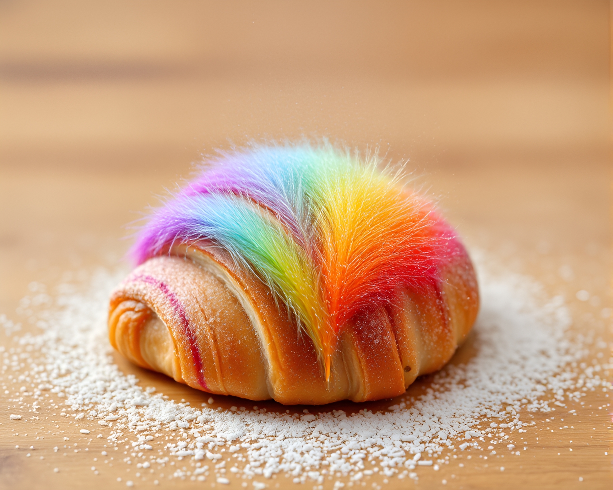Feather Dusting Croissant in Rainbow Hair Simulation – free AI stock image