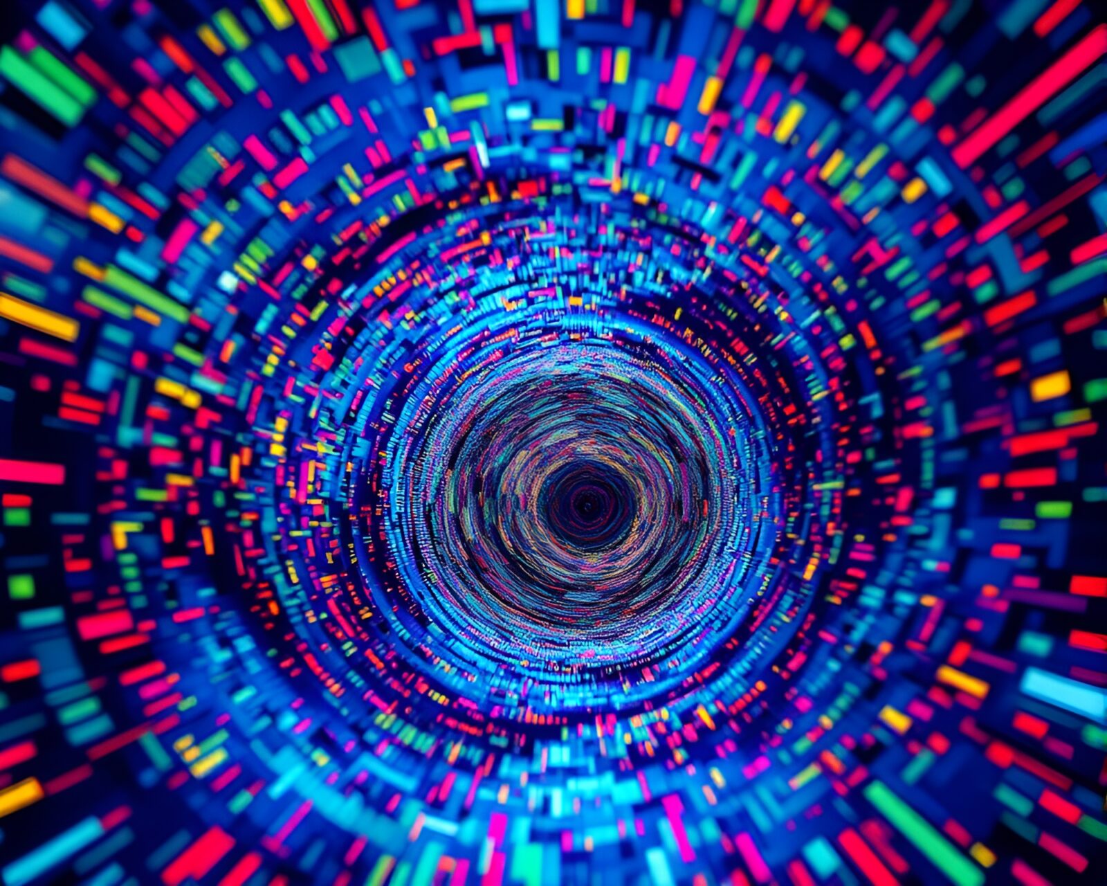 Vibrant glitch colors in a hyper-detailed wormhole linocut art