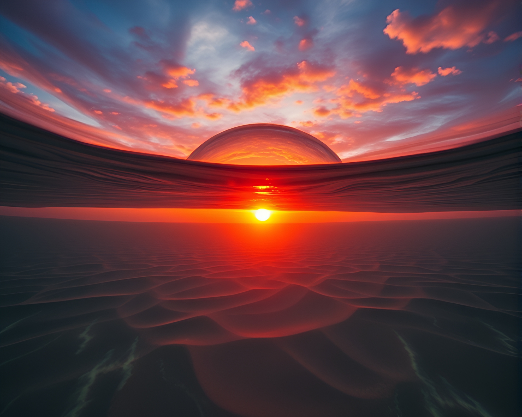 Sunburst Lens Illuminates Underwater Dome in Desert Sunset Glow – free AI stock image