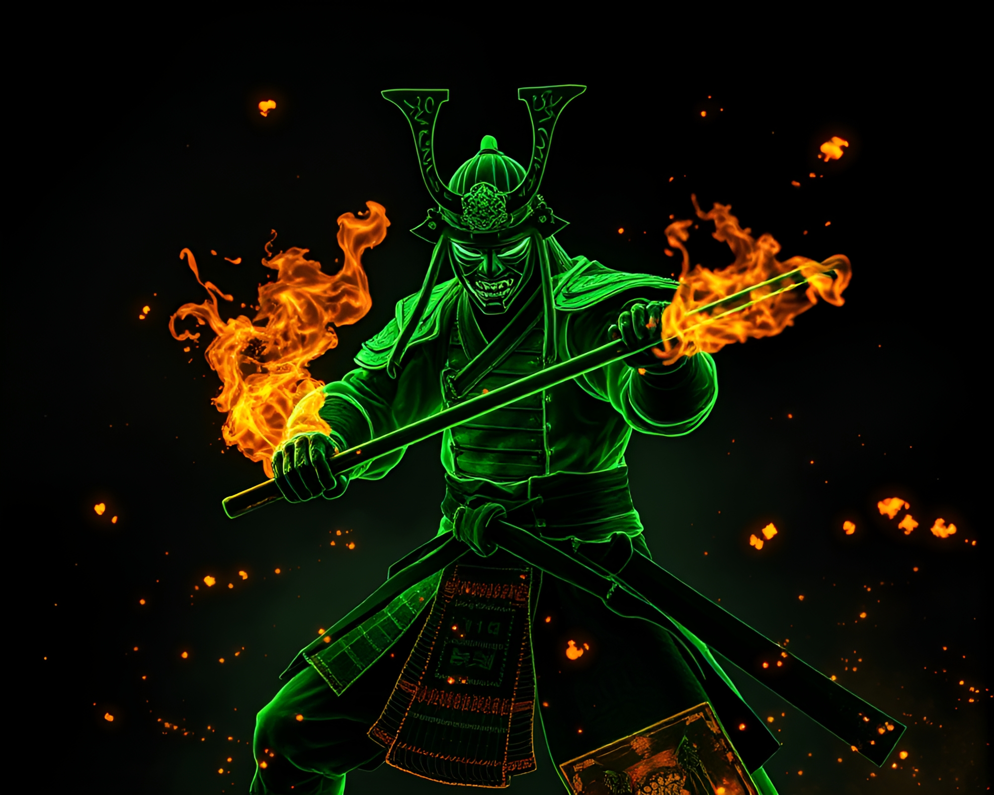 Spectral Samurai Amid Glowing Embers – free AI stock image