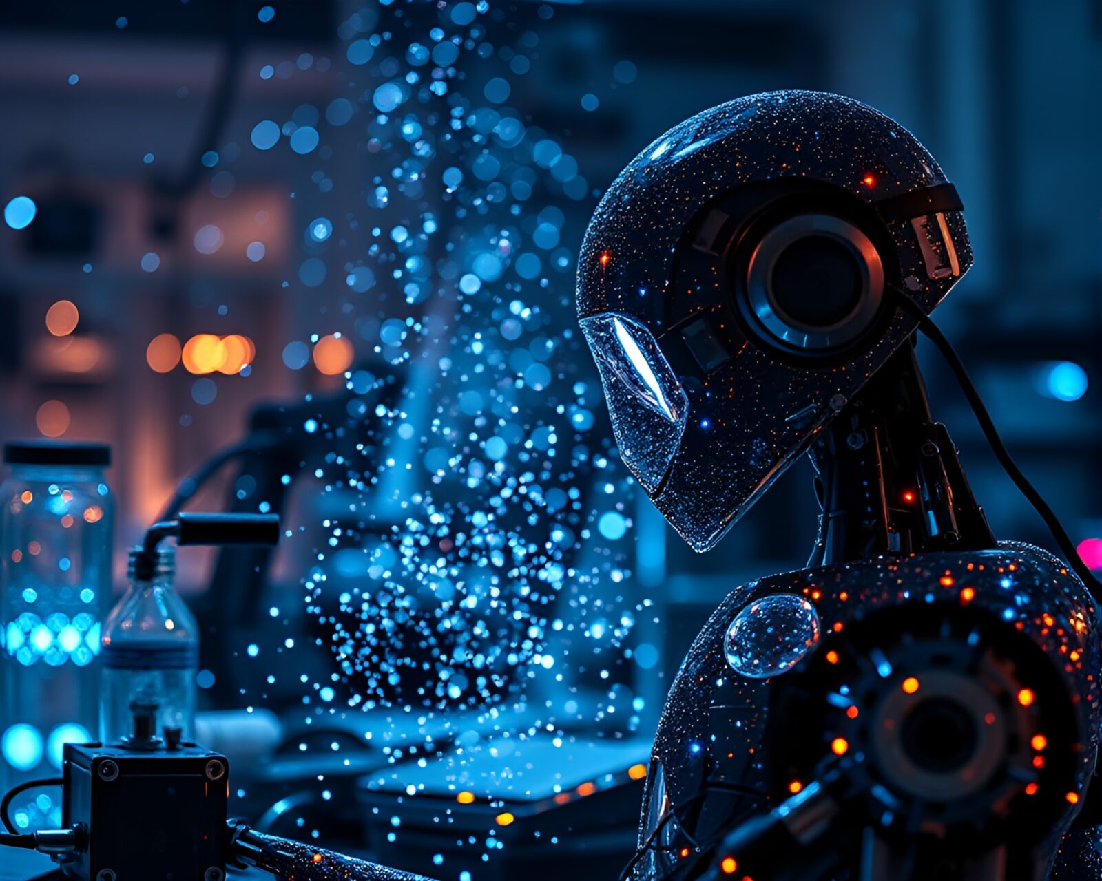 Intricate mosaic of robotics lab with dynamic LED lighting