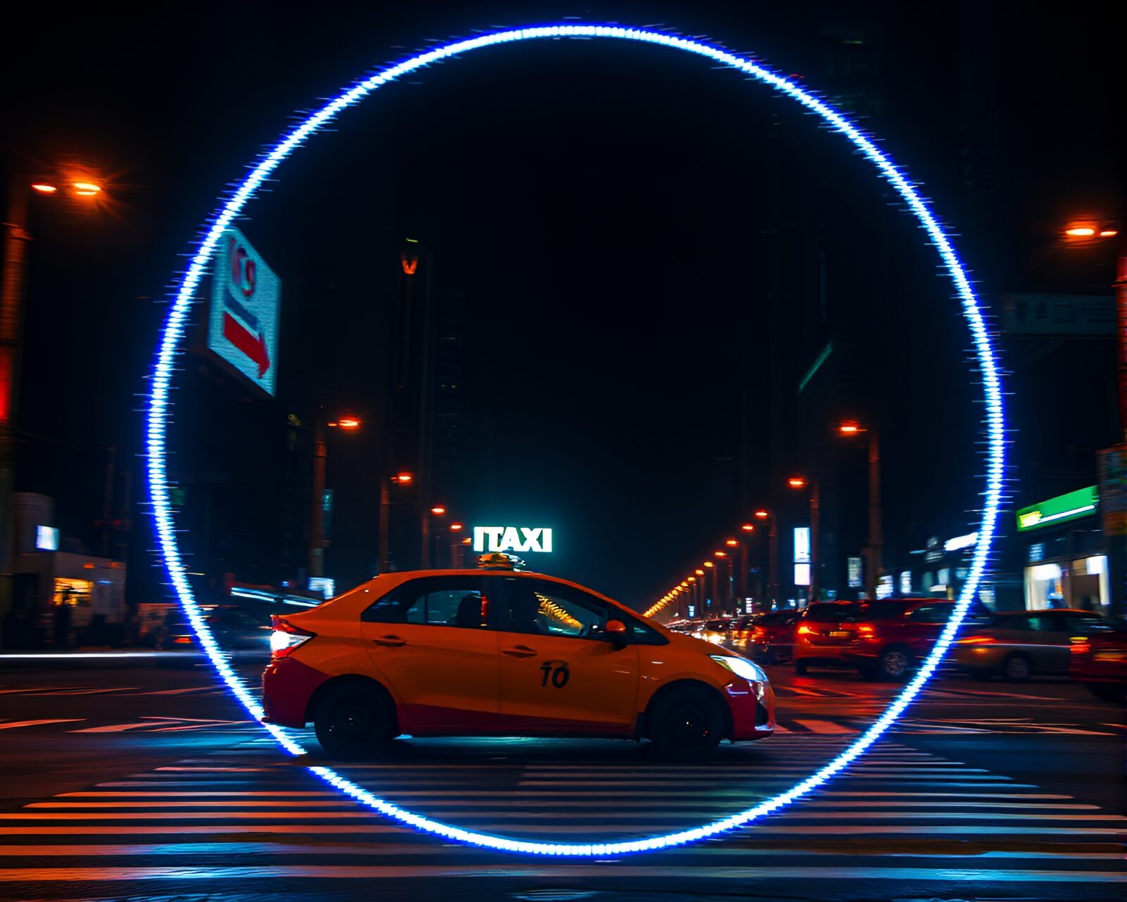Circular frame surrounding a pixelated light painted hover taxi
