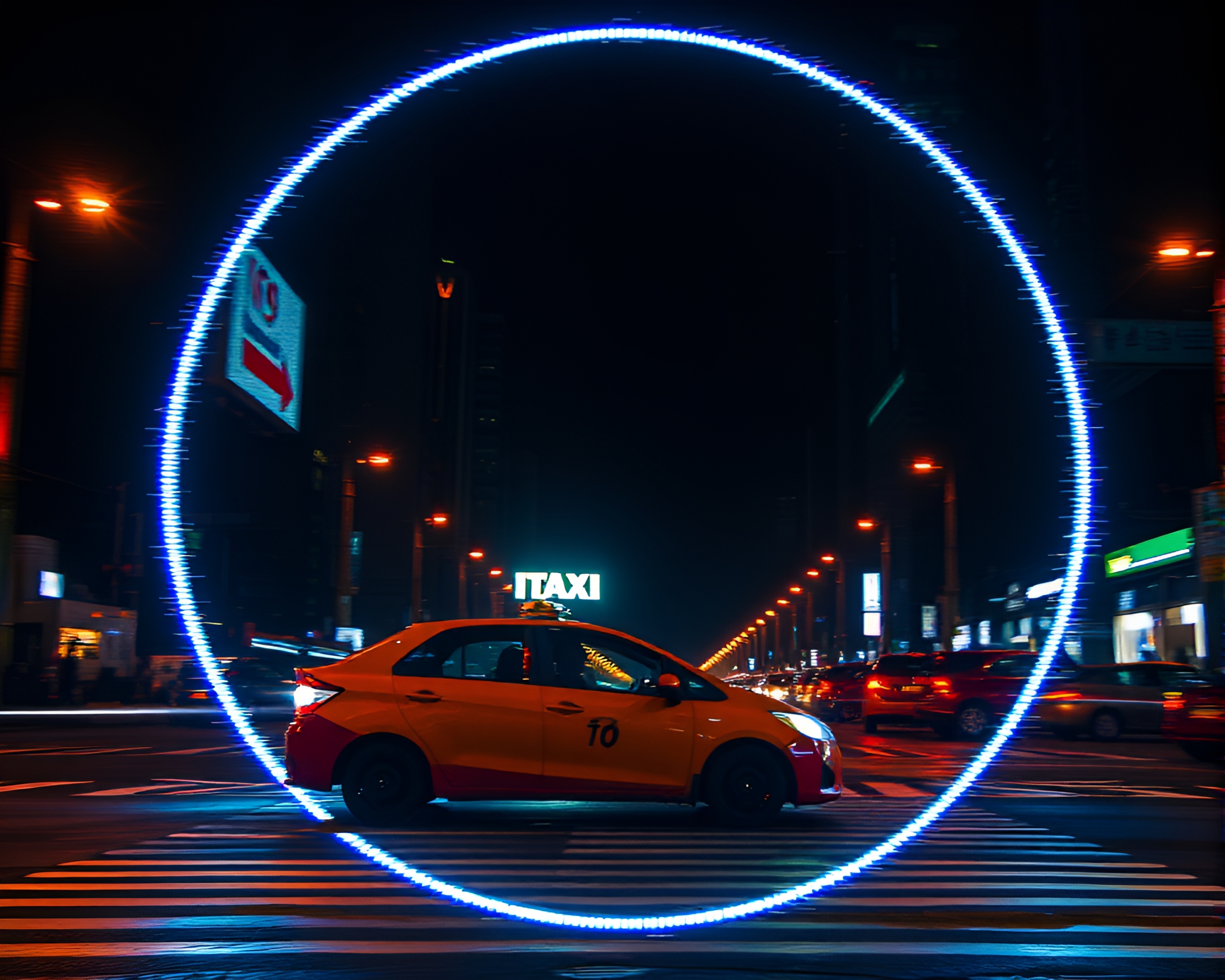 Futuristic Hover Taxi in Pixelated Light Painting – free AI stock image