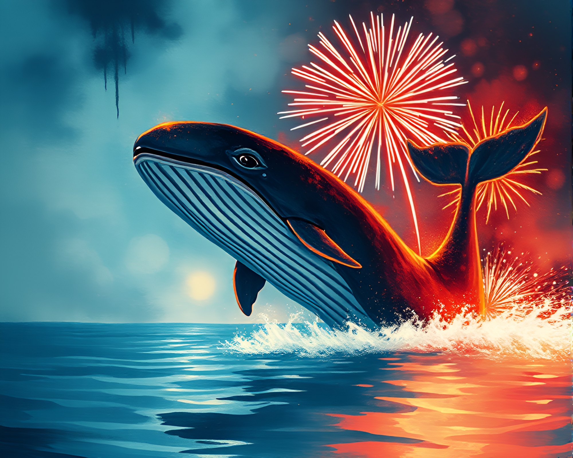 Whale Festival: Sumi-e Fireworks Display in Tilted Glow – free AI stock image