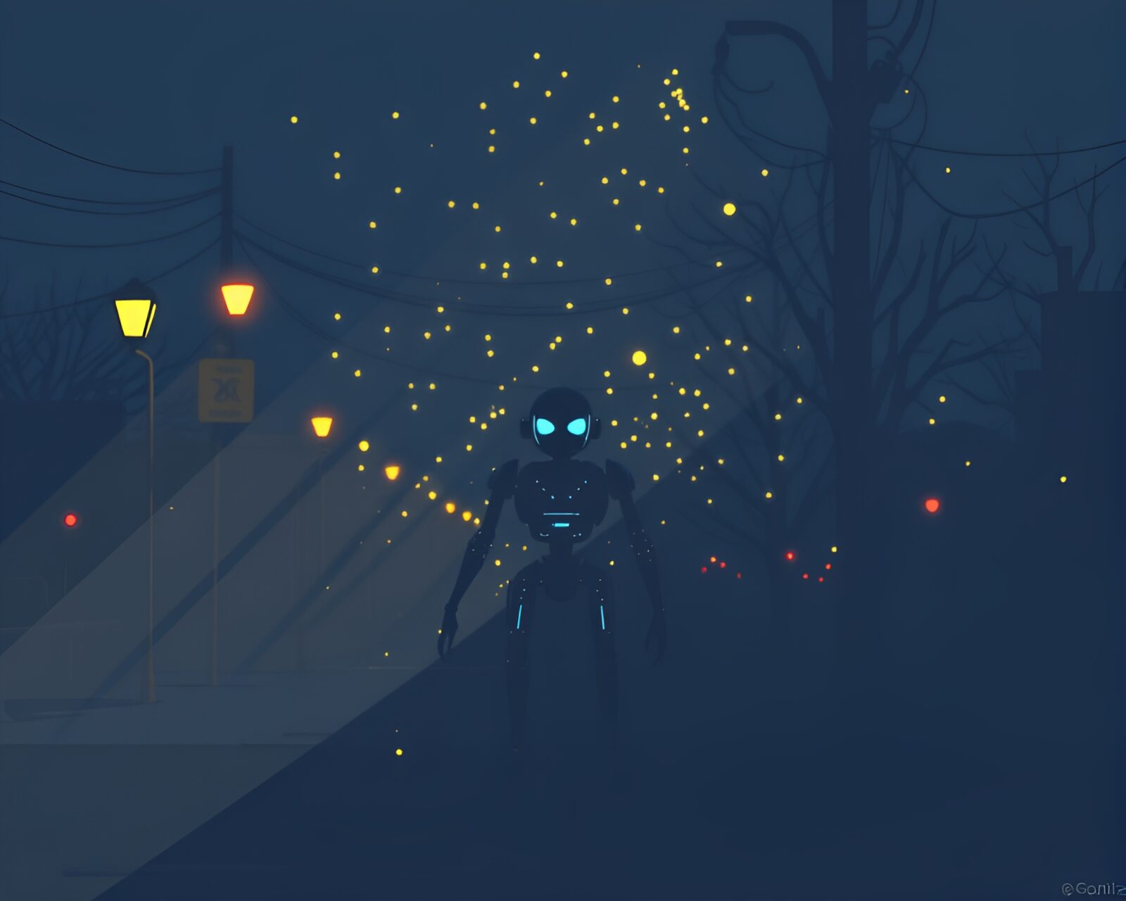 Pixel art scene with nanobots under streetlamp glow
