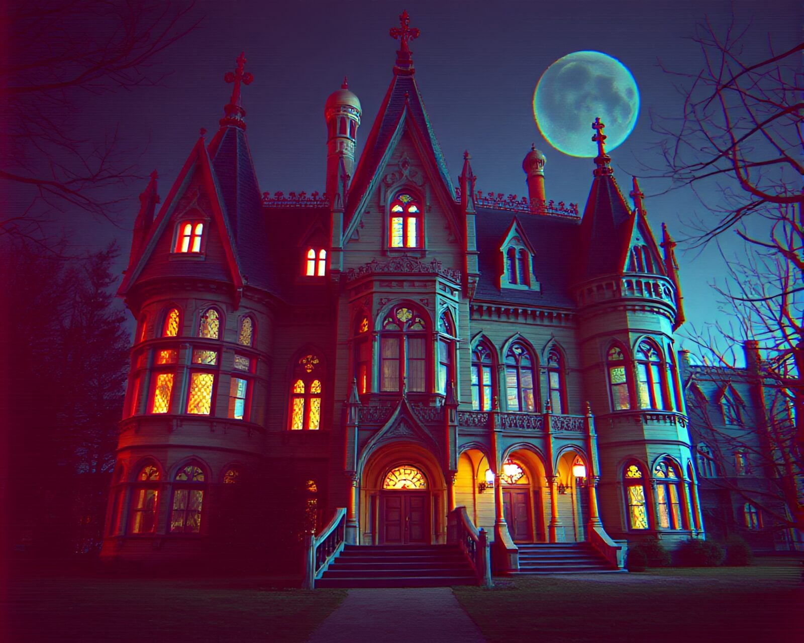 Eerie Neo-gothic mansion in high-key grunge lighting