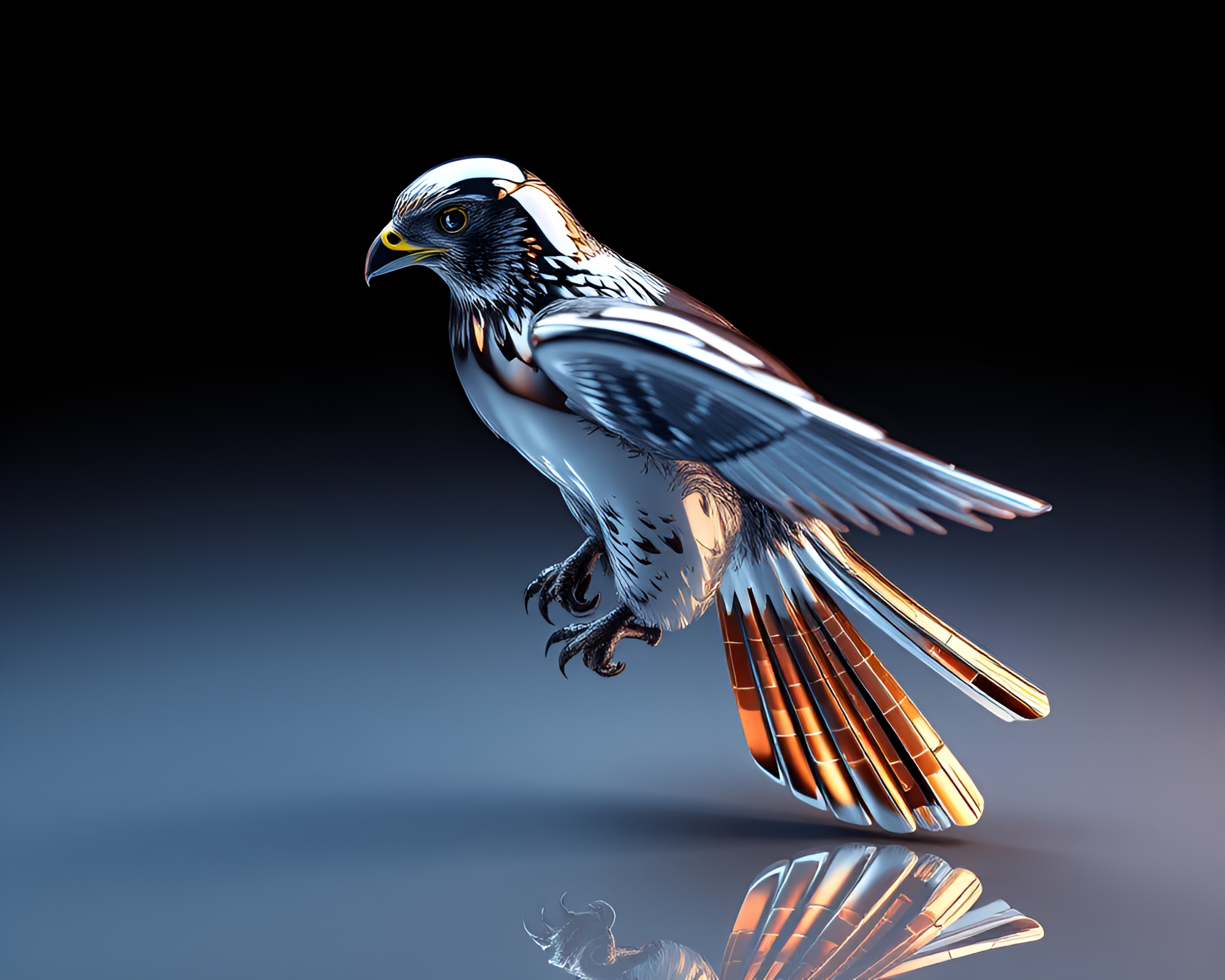 Falcon in Chrome Reflection under Split Tone Lighting – free AI stock image